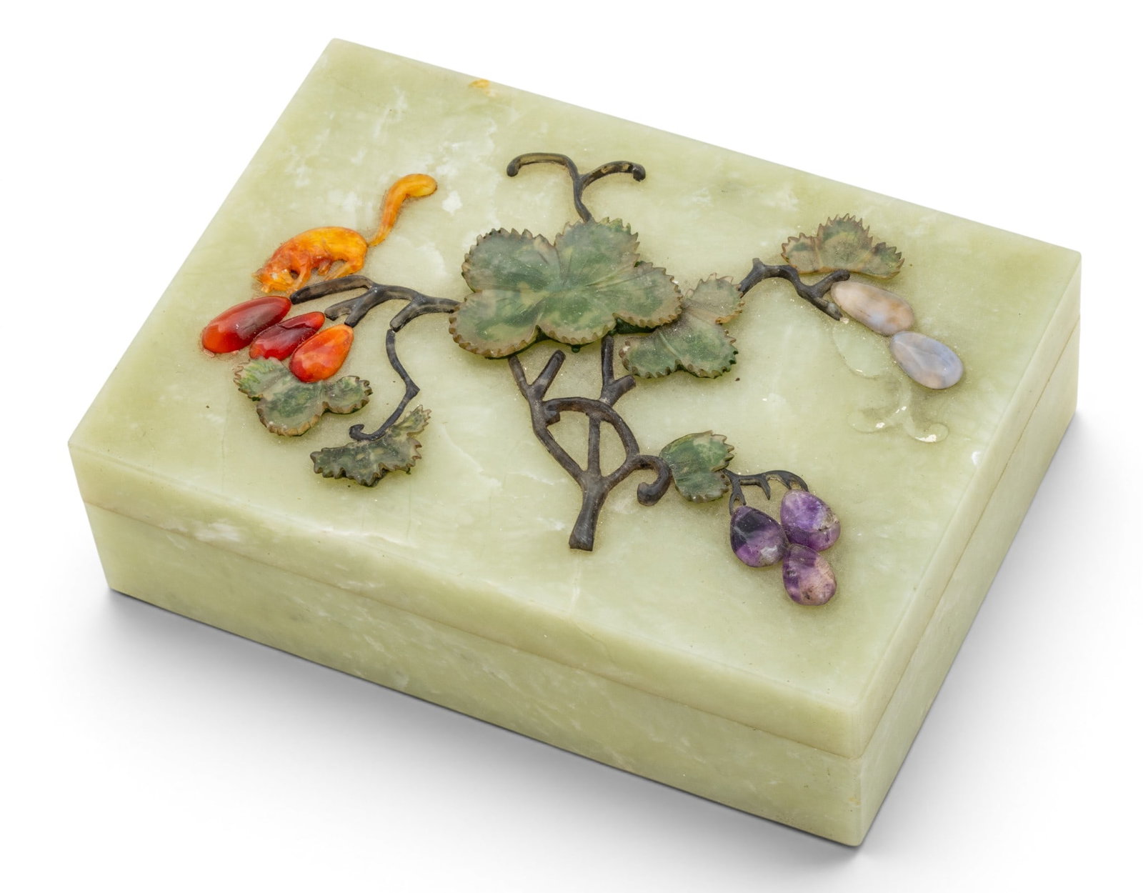 Chinese Serpentine Box, with Jade, AmethystQuartz and Agate Circa 1900, H 1.5" L 5" Depth 3.5" 1 PC (1 of 6)