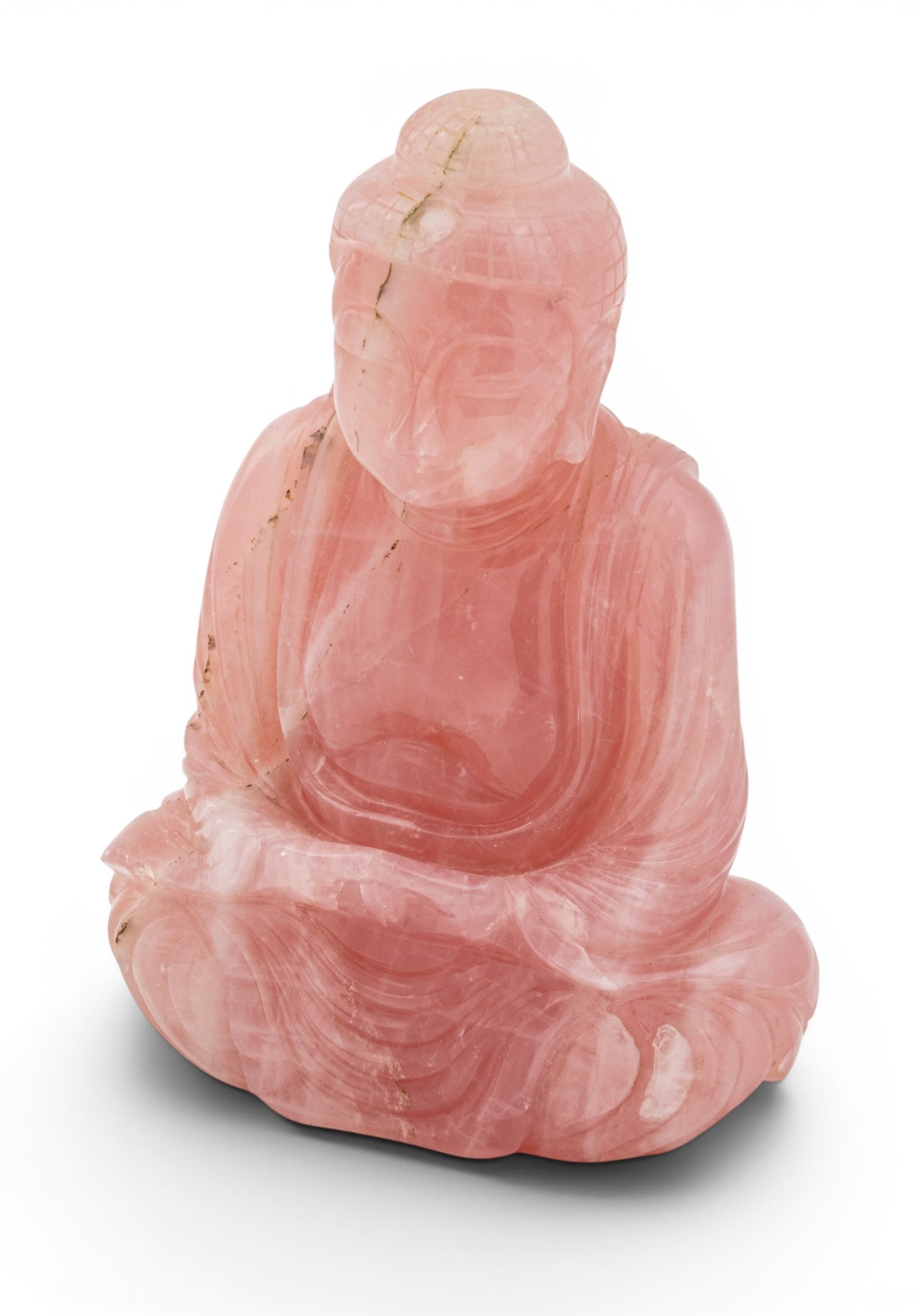 Chinese Hand Carved Rose Quartz Carving 'Meditating Buddha', H 5" (1 of 7)