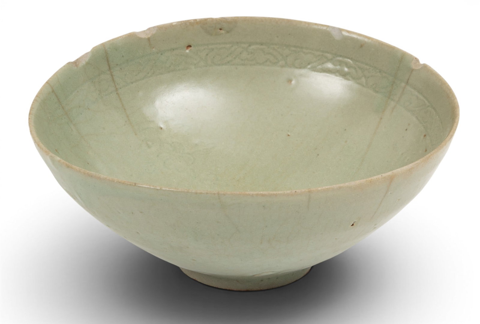 Early (Korean) Goryeo Dynasty Influence Celadon Pottery Tea Bowl H 3" Dia. 7": Early (Korean) Goryeo Dynasty Influence Celadon Pottery Tea Bowl H 3" Dia. 7" Pale celadon glaze with interior having an underglaze stylized cloud band. Glazed foot and underside. Provenance: Pr