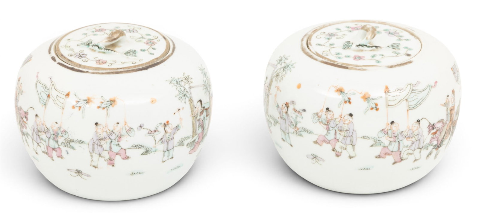 Chinese Porcelain Covered Jars, Ca. Early 20th C., H 5" Dia. 6" 2 PCS (1 of 6)