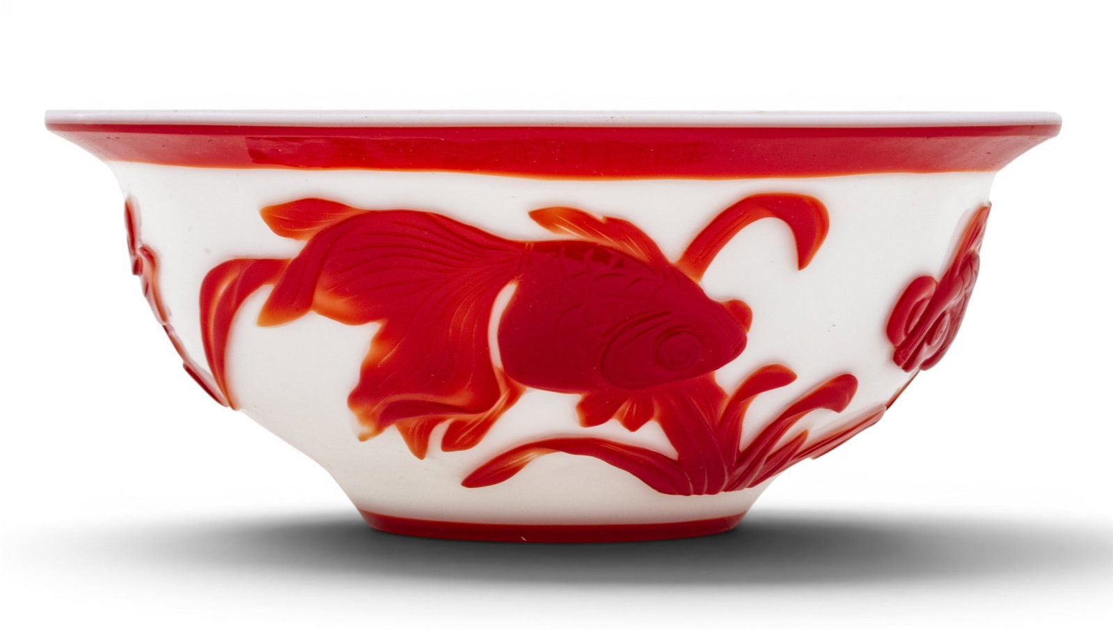 Chinese Peking Glass Bowl with Exterior Decoration of Koi Qing Dynasty, H 2.75" Dia. 6" (1 of 6)
