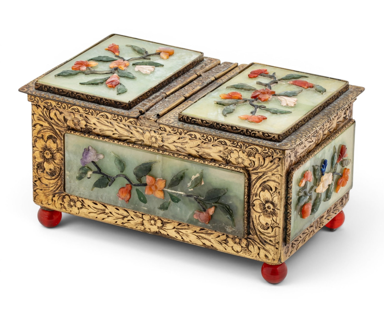 Chinese Gilt Metal, Inset Jade and Hardstone Trinket Box, Ca. 1900, H 3" L 5.75" Depth 3.5" (1 of 8)