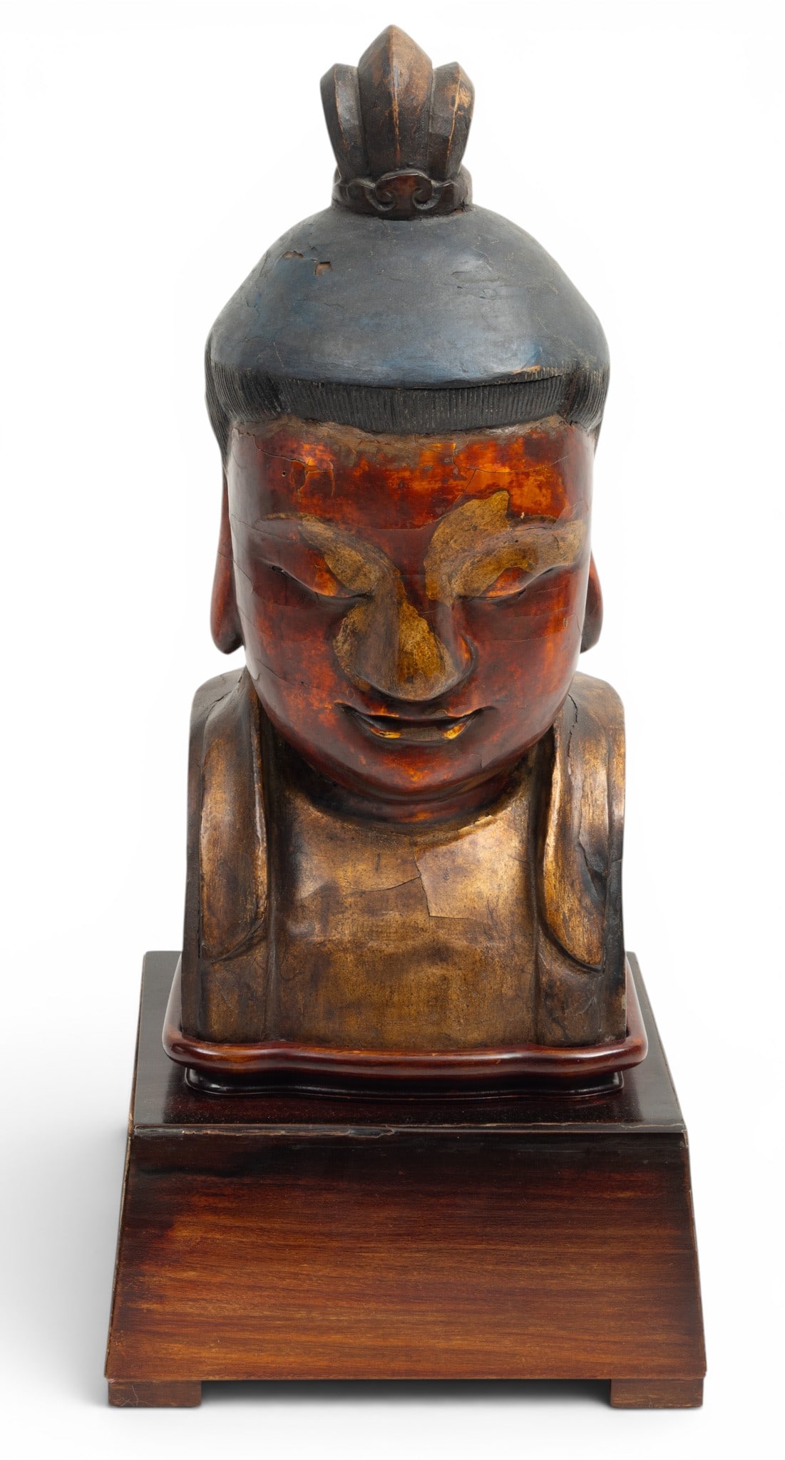 Chinese Carved Wood and Lacquer Sculpture, Ca. 19th/early 20th C., 'Head of the Buddha', H 17" W (1 of 4)