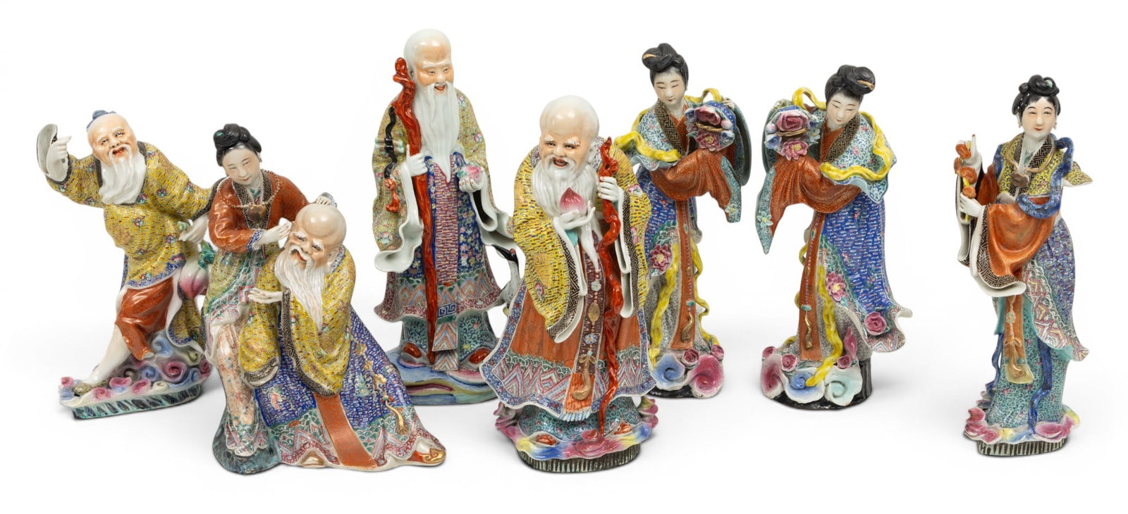 Chinese Polychrome Porcelain Figures, 20th C., 'Sanxing Deities', H 12" 7 PCS (1 of 5)