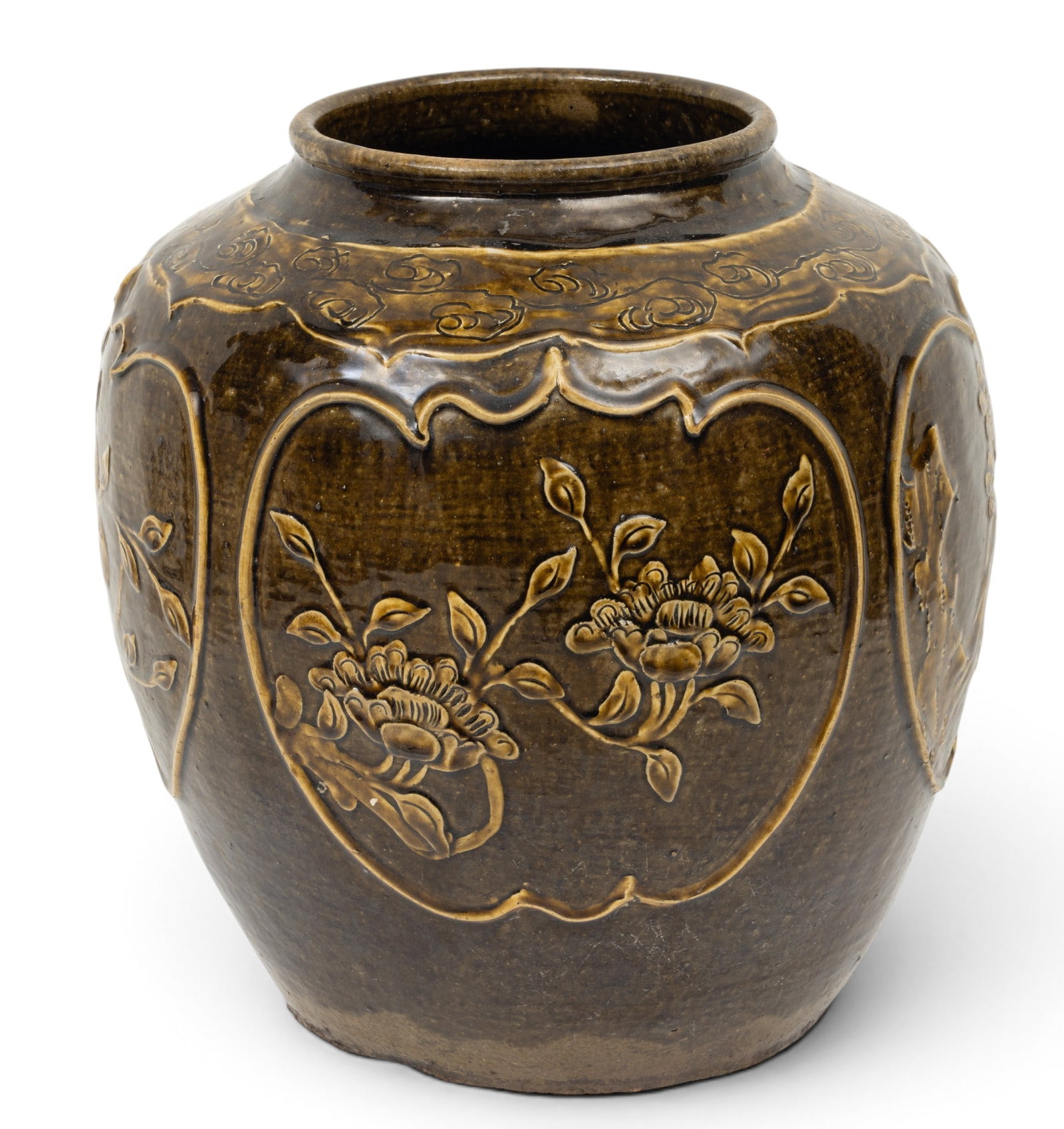 Chinese Glazed Stoneware 19th C., 'Storage Jar', H 15.5" Dia. 15": Chinese Glazed Stoneware 19th C., 'Storage Jar', H 15.5" Dia. 15" Light brown celadon glaze. Having four reserves in the form of pomegranates containing relief decoration of blossoming peony branches,