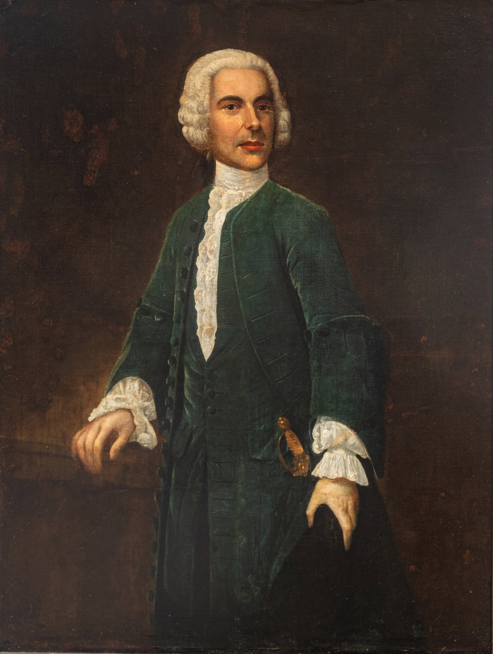 English Portrait Oil on Canvas, Ca. 18th C., 'Courtier with Rapier', H 50'' W 38'' (1 of 13)