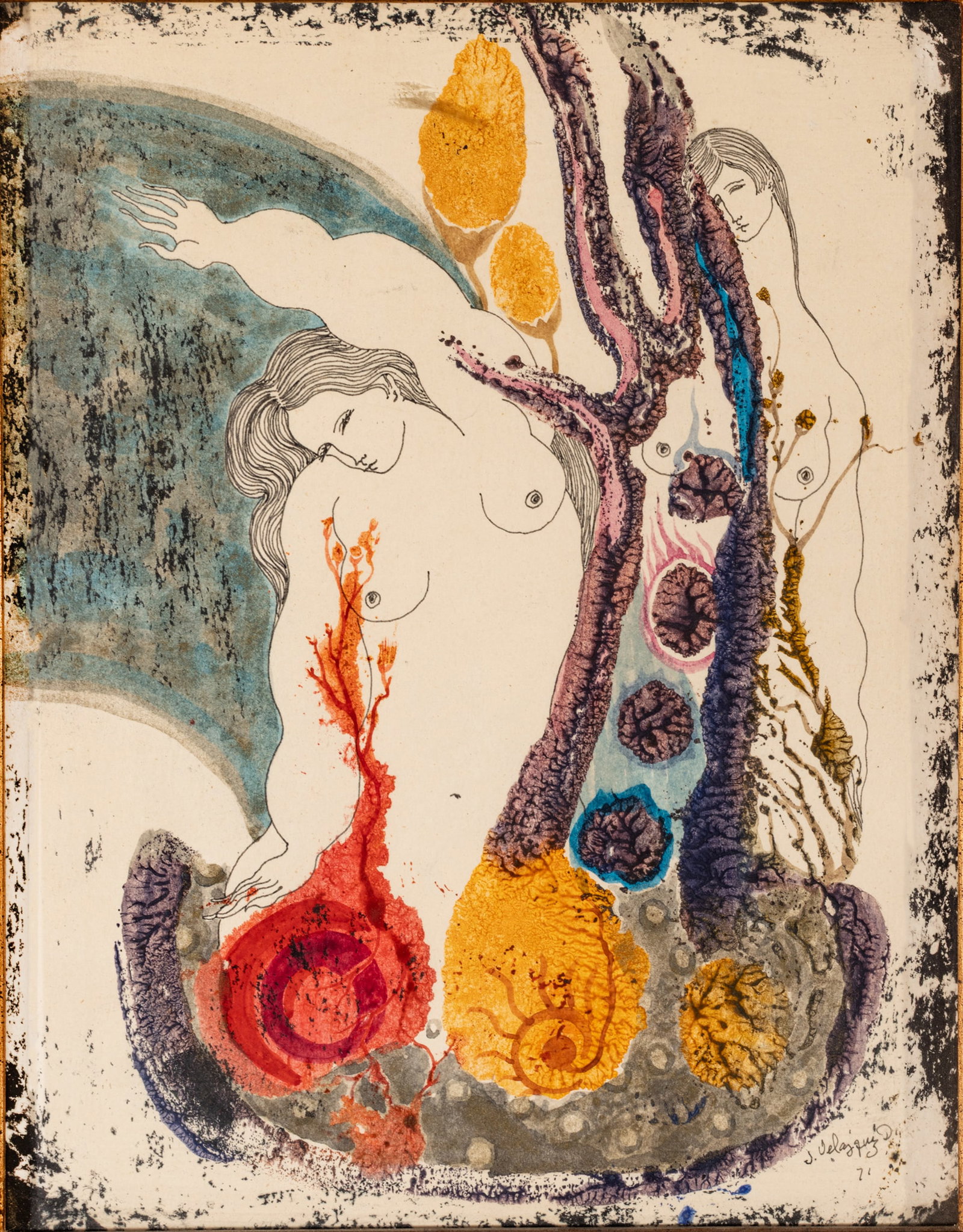 Juan Velasquez Diaz Watercolor and Ink on Paper, 1971, 'Two Nudes', H 12.5" W 9.5" (1 of 7)