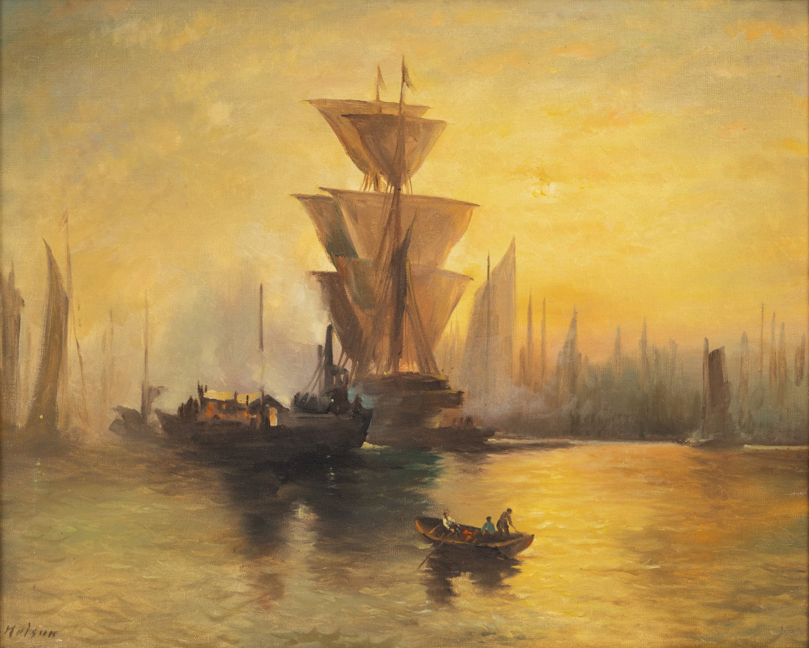 Bearing Signature Nelson, Oil on Canvas, 1970-1980, 'Tall Ship in Harbor', H 24" W 30" (1 of 5)