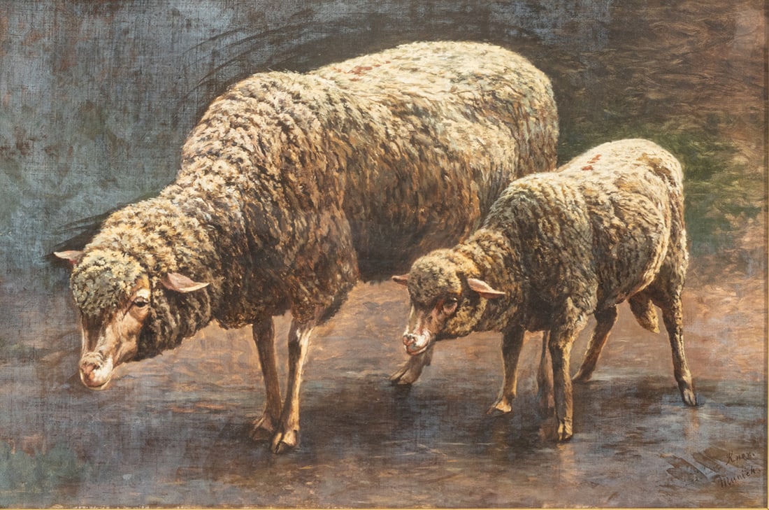 L. Rebecca Knox (American, 19th/20th C.) Oil on Canvas, Ca. Early 20th C., 'Ewe and Lamb', H 19" W (1 of 7)