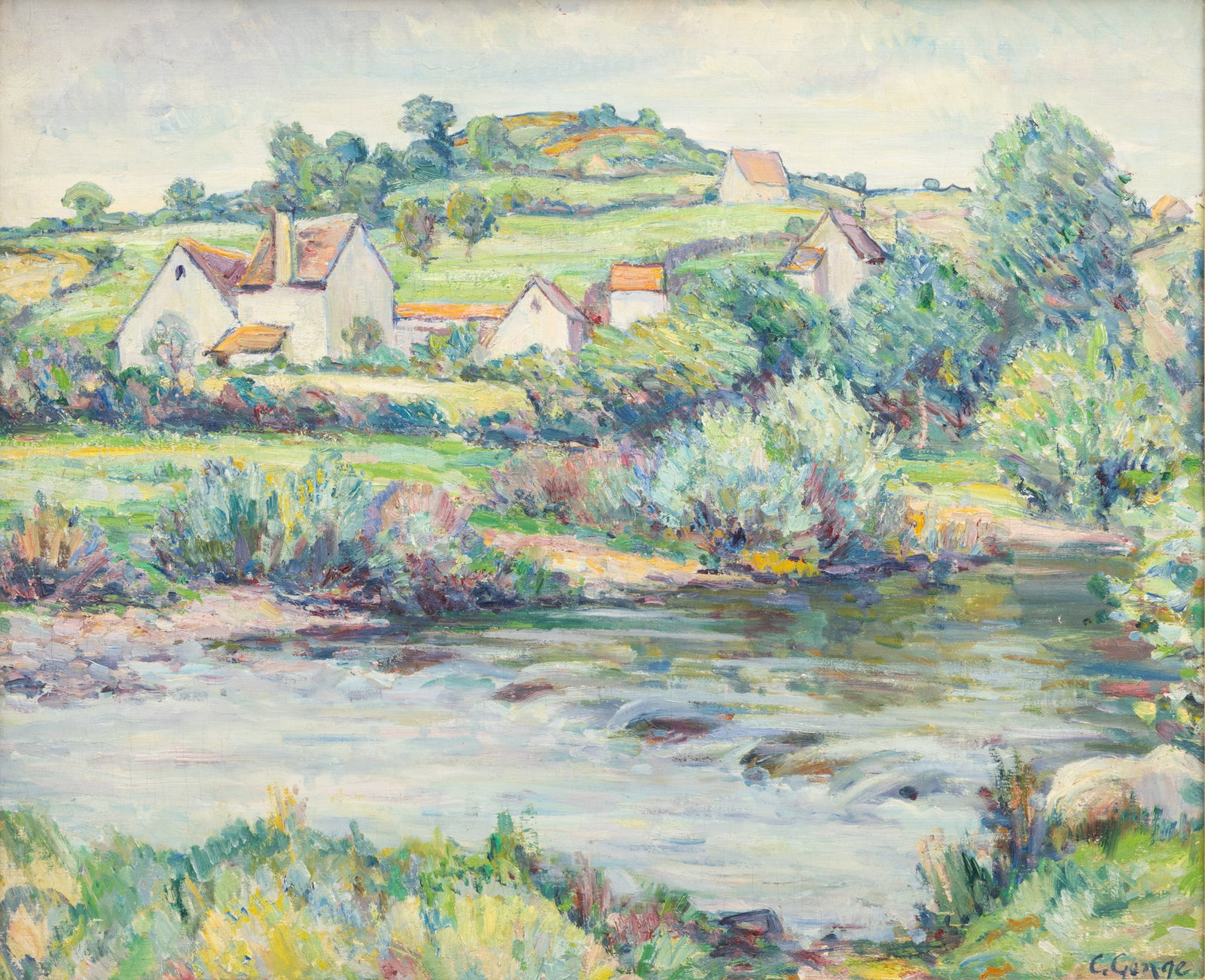 Charles Genge (British, 1874-1958) Oil on Canvas, Ca. 1940's, 'House by the Weir', H 20" W 24" (1 of 6)