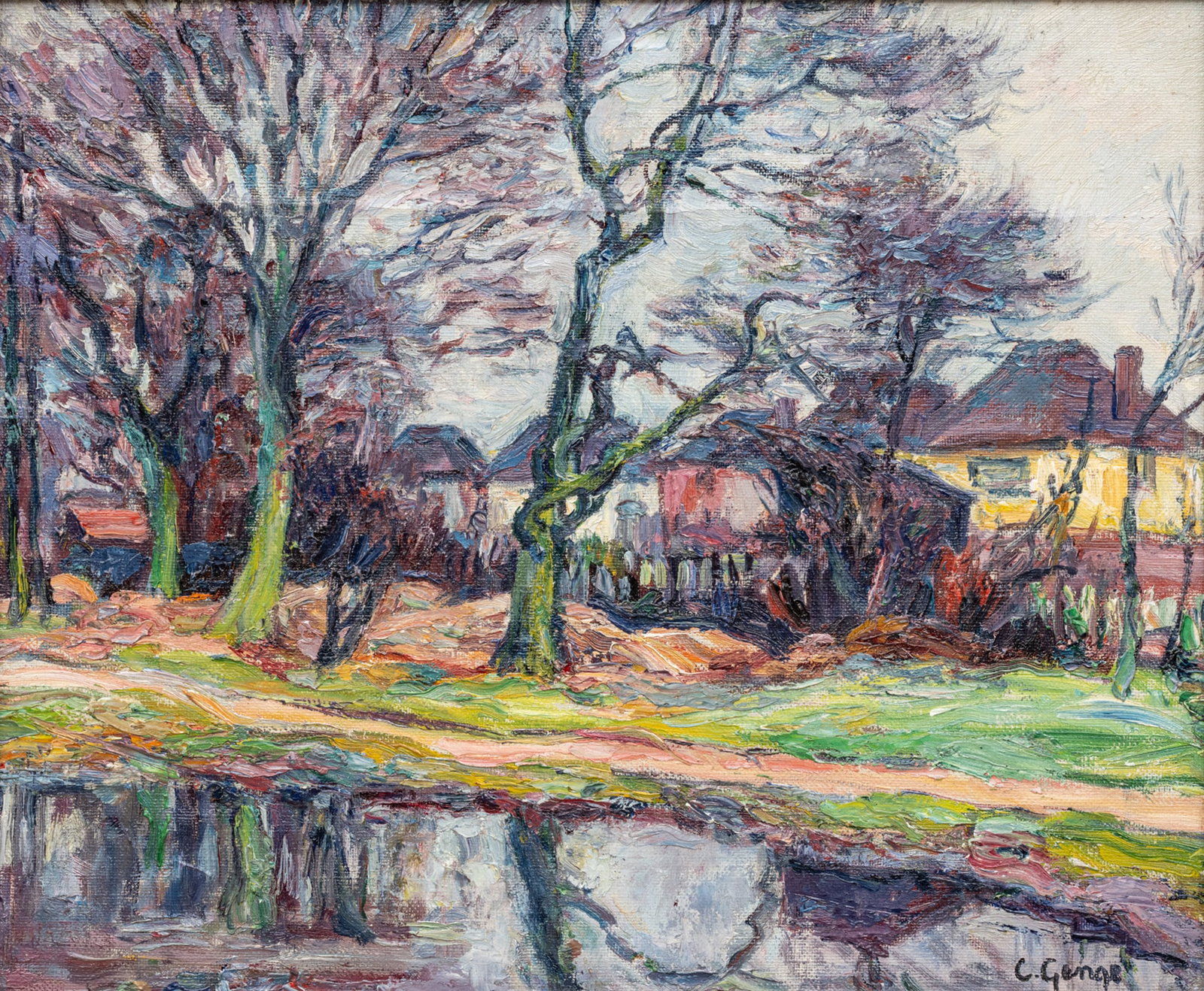 Charles Genge (British, 1874-1958) Oil on Canvas, 20th C., 'Beyond the Back Fence', H 12" W 14.25" (1 of 7)