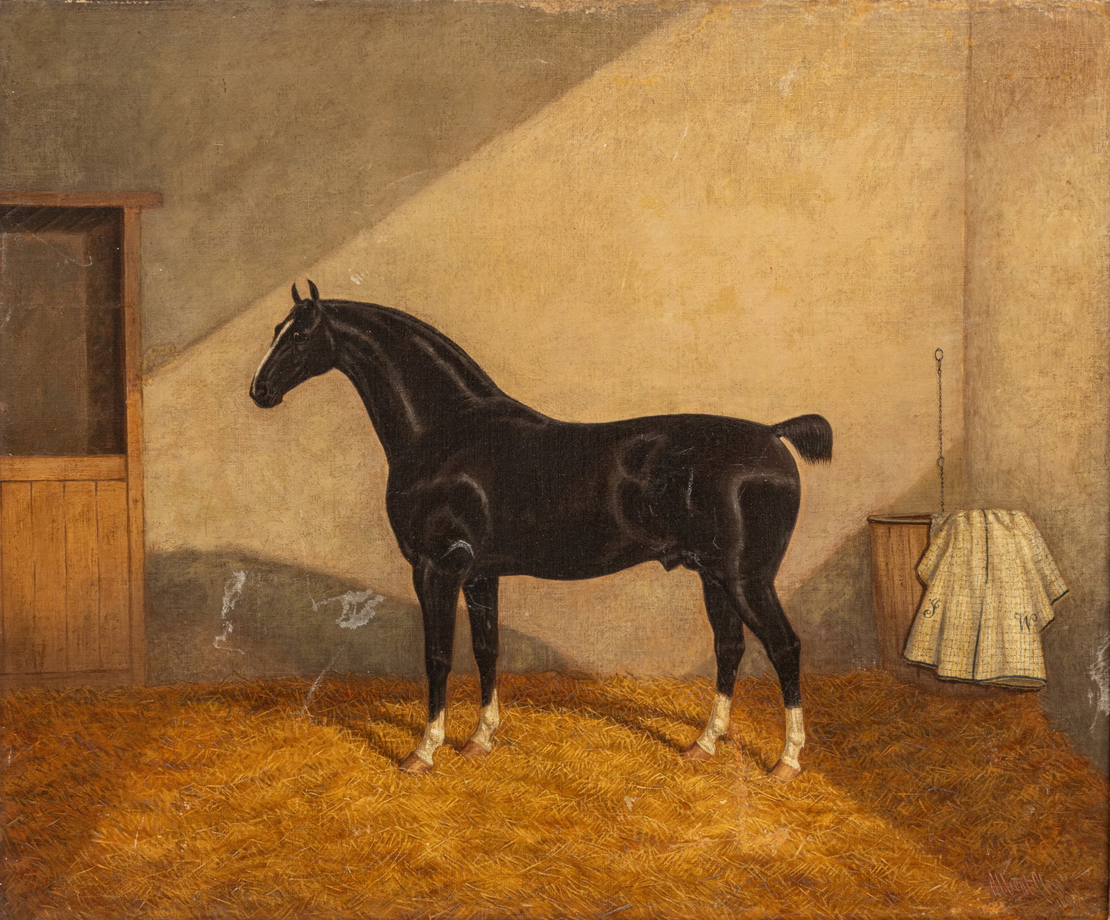 English Oil on Canvas, Ca. 19th C., 'Black Stallion', H 19" W 23.25": English Oil on Canvas, Ca. 19th C., 'Black Stallion', H 19" W 23.25" Depicting a standing black stallion in a barn with hay on ground and towels initialed "J." and "W.". Signed lower right. Provenance