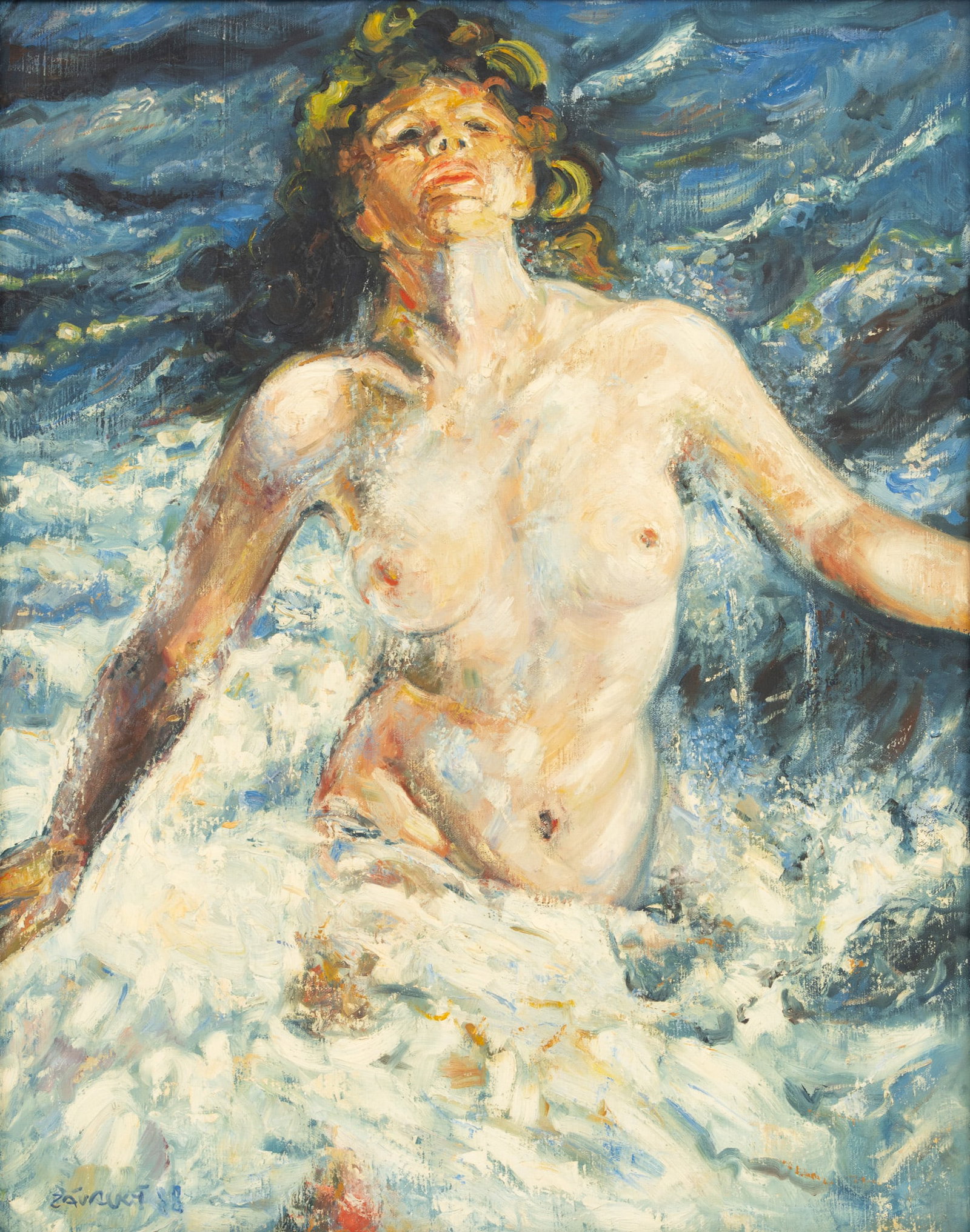 Bearing Signature Zavalny Oil on Cavas 1988, 'Semi-nude Woman Emerging from Water', H 39.5" W 30.5" (1 of 6)