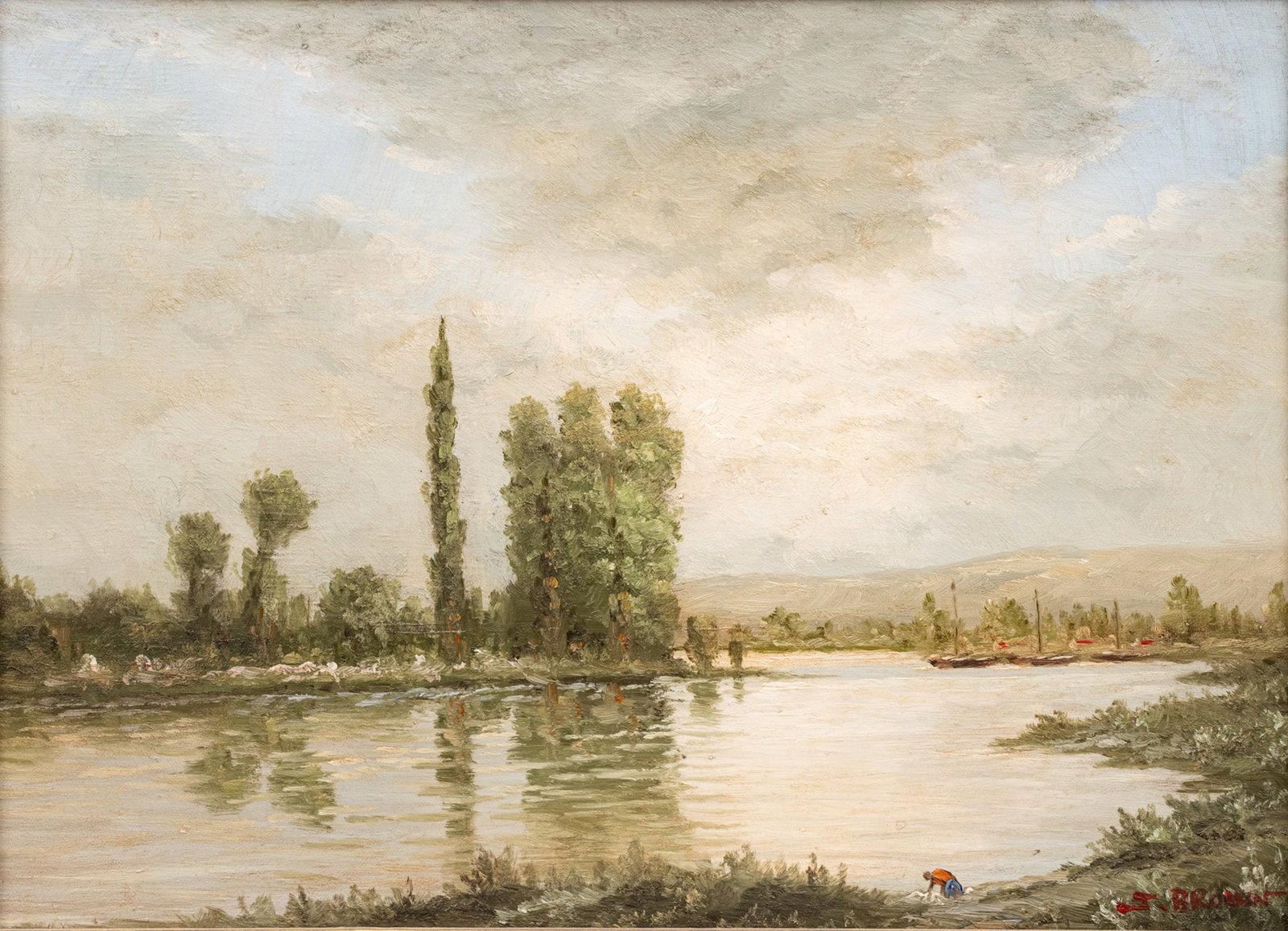 Bearing Signature J. Brown Oil on Canvas, Riverscape, Ca. 1980-90, H 12" W 16" (1 of 6)