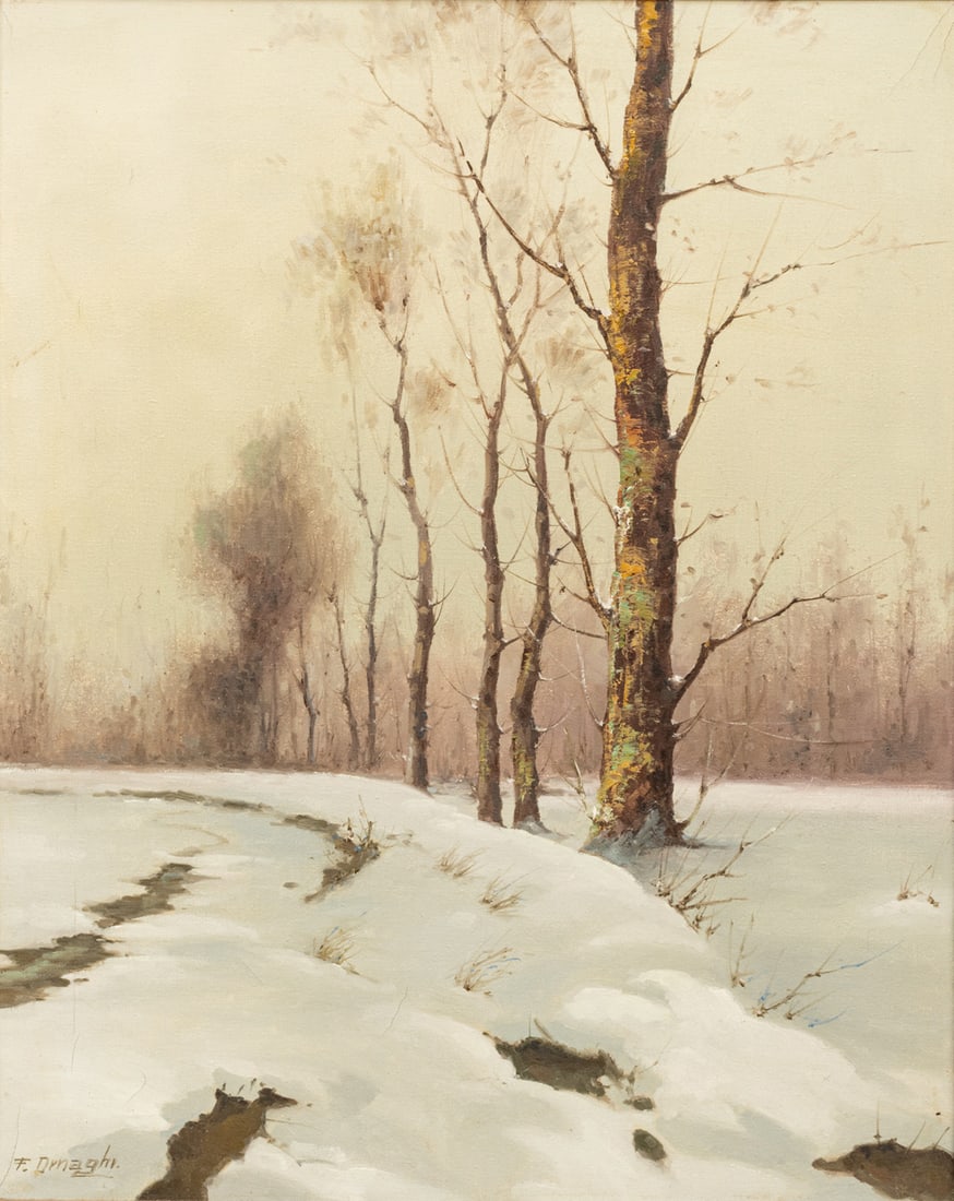 Fortunato Ornaghi (Italian, B. 1930) Oil on Canvas, Ca. Mid 20th C., 'Winter Landscape', H 20" W 16" (1 of 7)