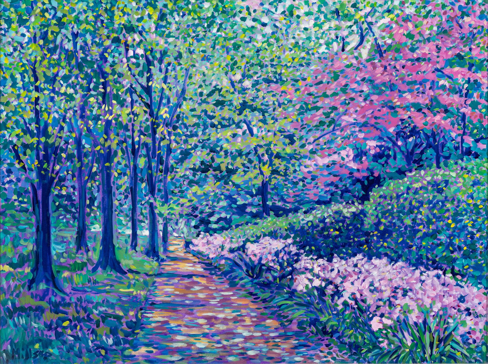 Thom Millsap (American, 20th C.) Acrylic on Canvas, Ca. 1990, 'Flower Lined Pathway', H 30" W 40" (1 of 7)
