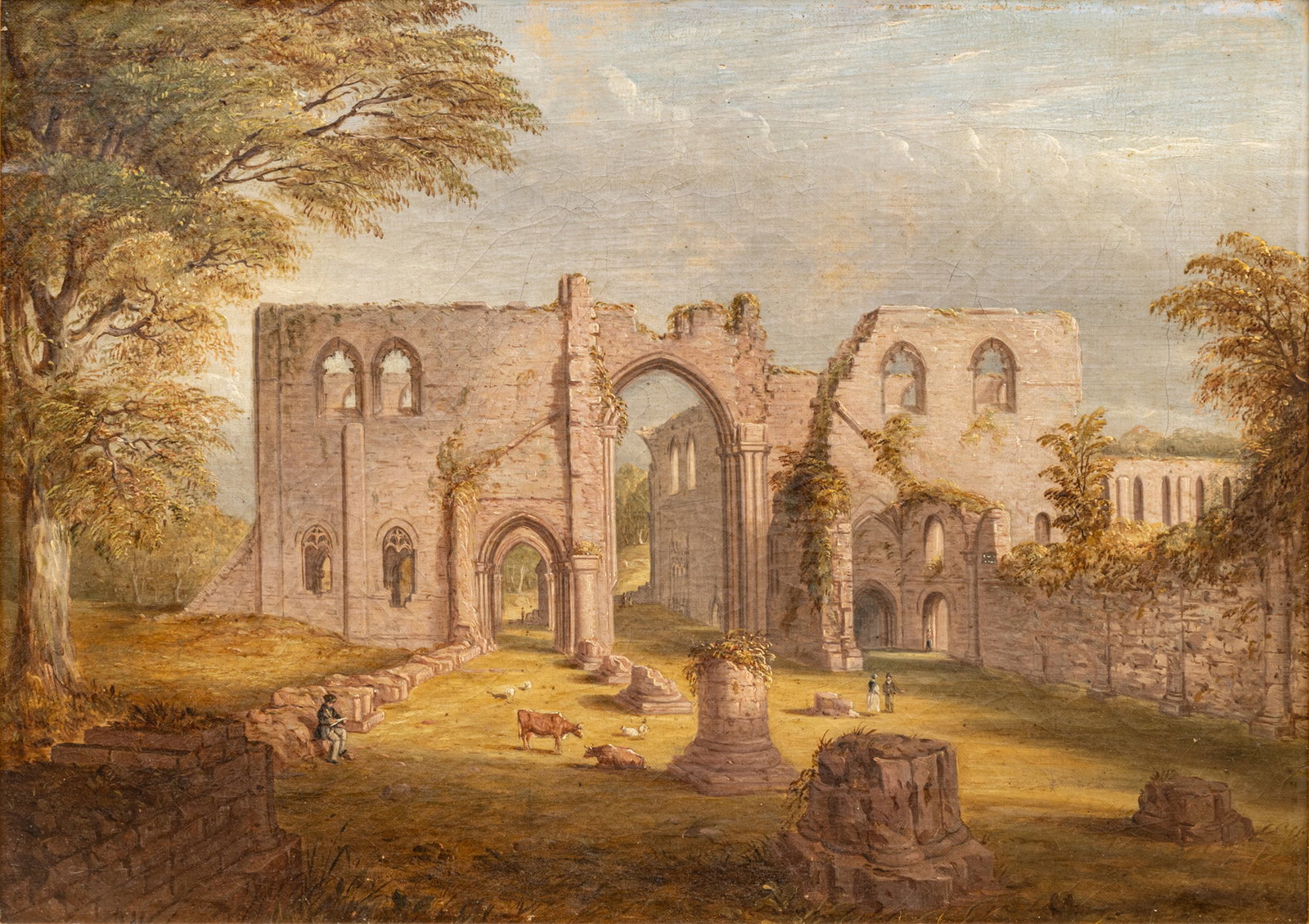 English Oil on Canvas, Ca. 19th C., 'Furness Abbey', H 13" W 18.25": English Oil on Canvas, Ca. 19th C., 'Furness Abbey', H 13" W 18.25" Unsigned. Depicting the ruins of Furness Abbey in Cumbria, England. With figures, cows, and sheep. Provenance: A Hartland, MI 