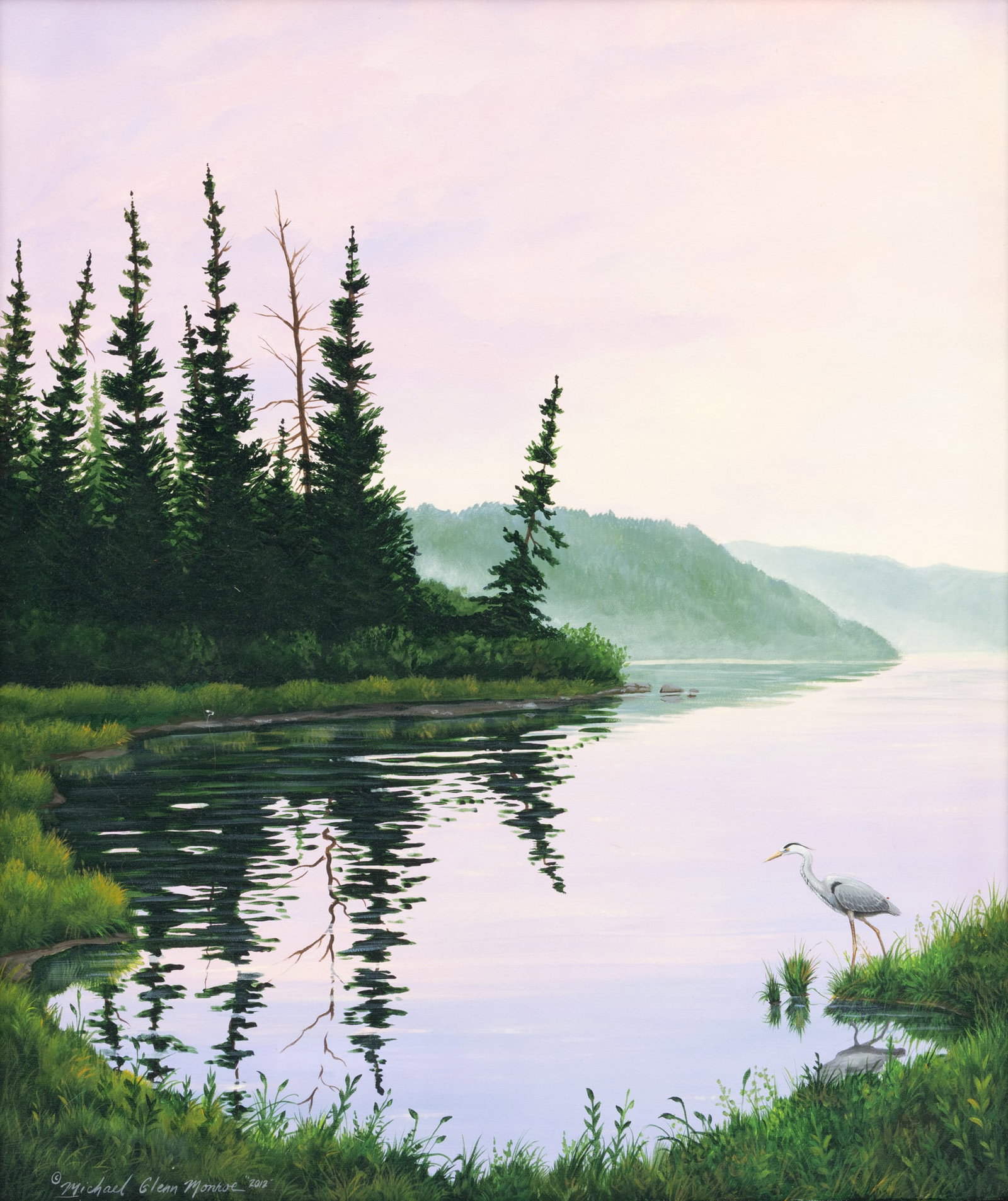 Michael Glenn Monroe (American/Michigan, 20th/21st C.) Oil on Canvas, 2012, 'Heron at Sunrise,: Michael Glenn Monroe (American/Michigan, 20th/21st C.) Oil on Canvas, 2012, 'Heron at Sunrise, Hubbard Lake, MI', H 24" W 20.5" Signed and dated lower left. Depicting a heron fishing in the still wate