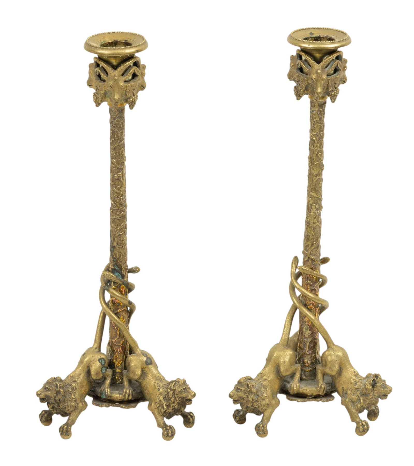 Christophe Fratin (French, 1801-1864) Gilded Bronze Candlesticks, Ca. 19th C., H 11.5" W 4.5" Depth (1 of 5)