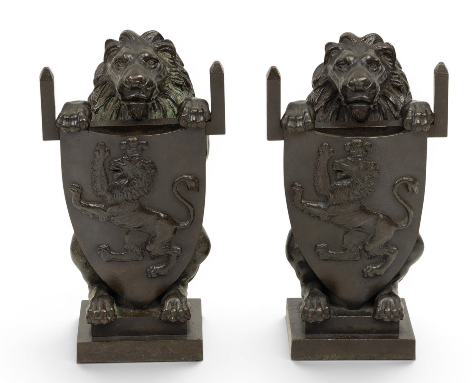 French Bronze Bookends 19th C., 'Heraldic Lions', H 10.5" W 5.75" Depth 4.75" 1 PAIR (1 of 4)