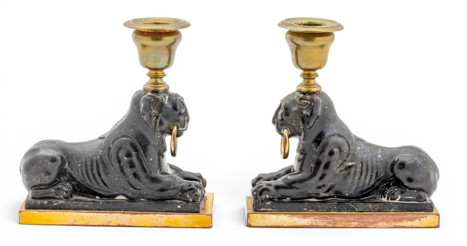 Neoclassical Style Marble and Brass Lion Form Candlesticks 19th C., H 5.75" W 2" Depth 5.5" 1 PAIR (1 of 5)