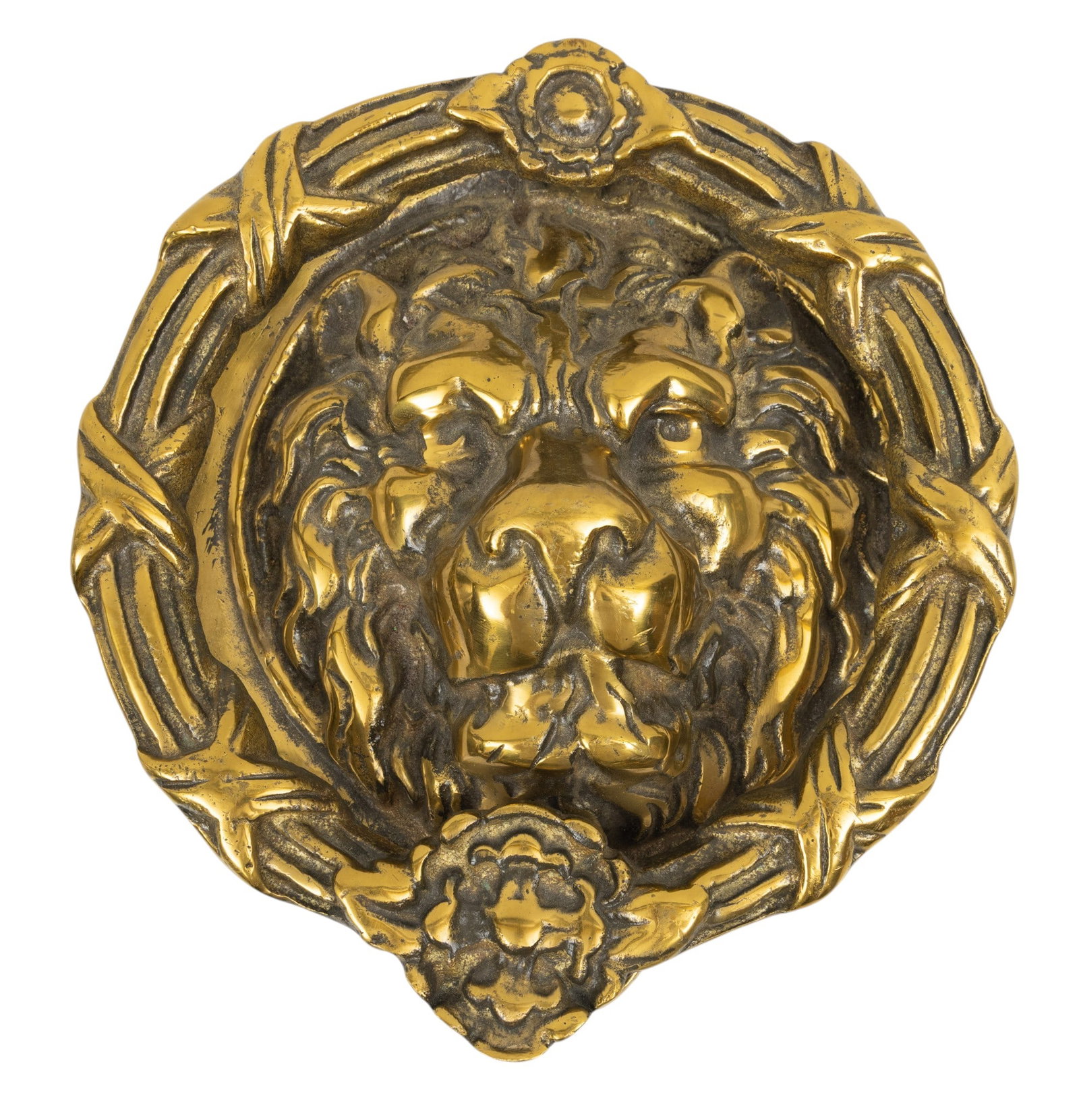 English Brass Door Knocker, Ca. 1910-1920, 'Lion Mask', H 9" W 8": English Brass Door Knocker, Ca. 1910-1920, 'Lion Mask', H 9" W 8" Revealing head of lion with hinged top in French wreath and ribbon patter. Provenance: Property from a West Bloomfield, MI priva