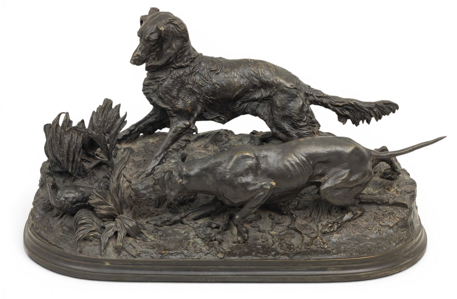 Pierre-Jules Mêne (French, 1810-1879) Original Bronze Sculpture, Ca. 1850, 'Chasse À La: Pierre-Jules Mêne (French, 1810-1879) Original Bronze Sculpture, Ca. 1850, 'Chasse À La Perdrix (Setter, Pointer, and Partridge)t)', H 8.5" W 8" L 16" 1 PC A fine and original French cast of