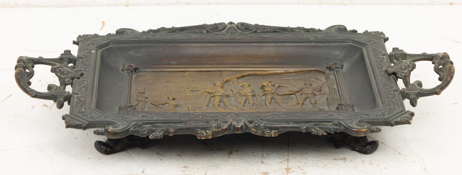French Bronze Tray with Inset Plaque, Ca. 1860-1880, 'Quail Hunting Party', H 2.5" W 11" L 19" (1 of 4)