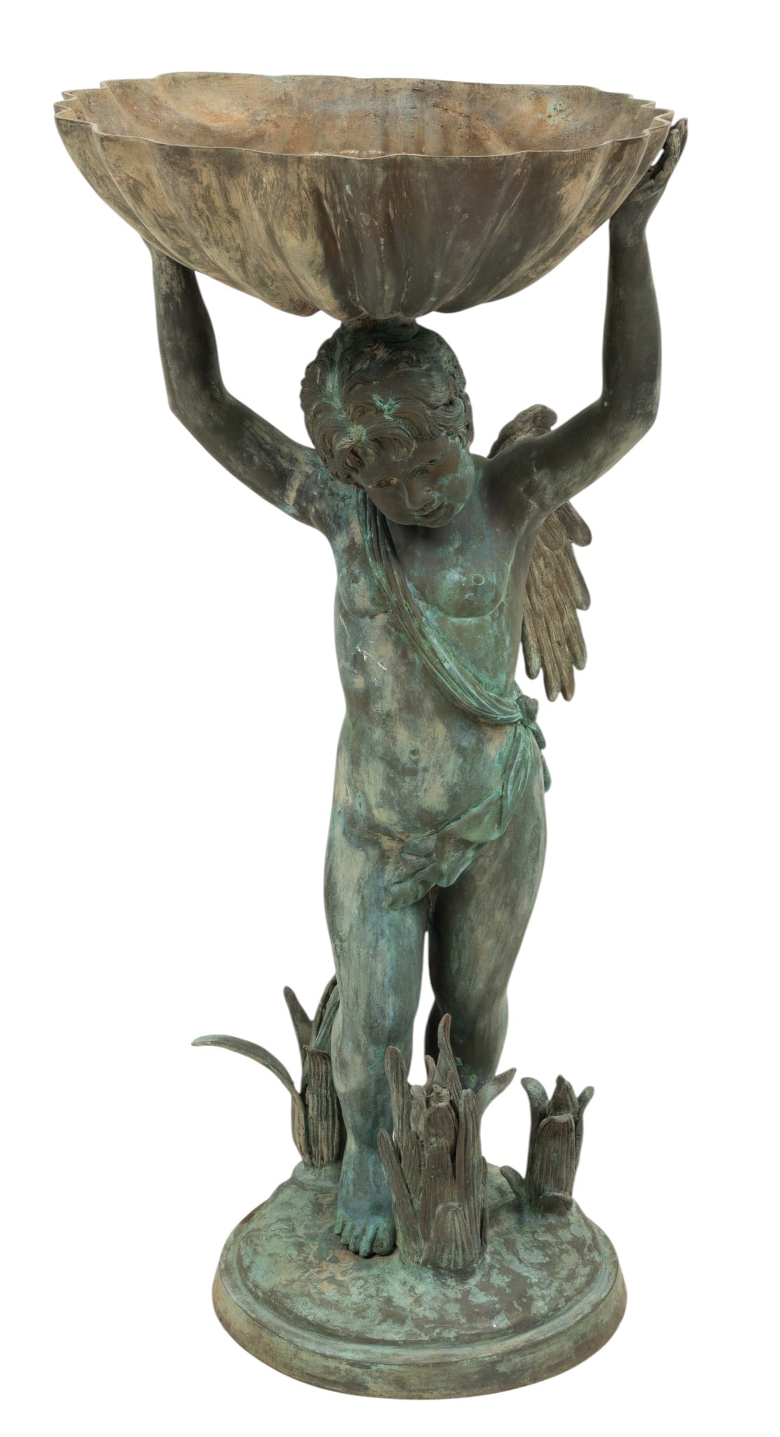 Bronze Garden Fountain 20th C., 'Putti Holding a Shell Aloft', H 43.5" W 26" L 22" (1 of 5)