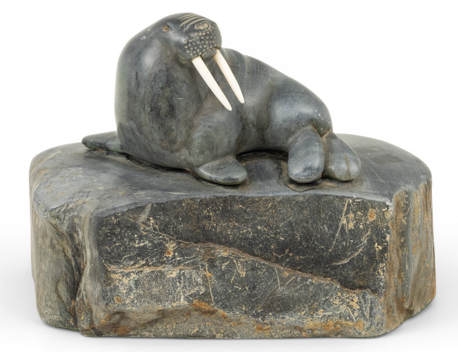 Bearing Signature L. Owen (Alaskan) Carved Soapstone Sculpture Early/mid 20th C., 'Walrus on a (1 of 5)