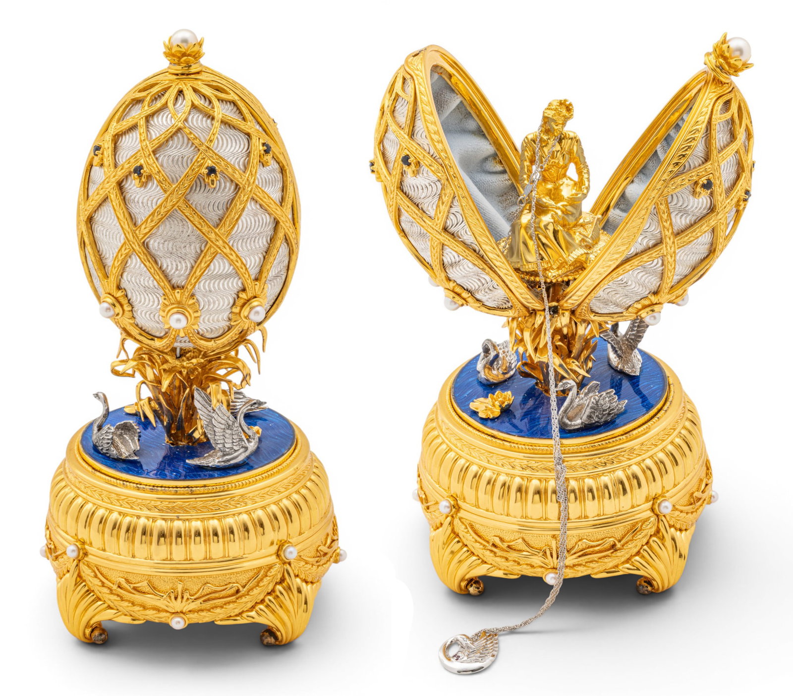 House of Igor Carl Fabergé, (Russian) 24K Gold Plated Sterling Silver, Guilloché Enamel,: House of Igor Carl Fabergé, (Russian) 24K Gold Plated Sterling Silver, Guilloché Enamel, Sapphire, and Pearl 'Swan Lake Imperial Egg', H 7" Dia. 3.5" House of Igor Carl Fabergé for Fr