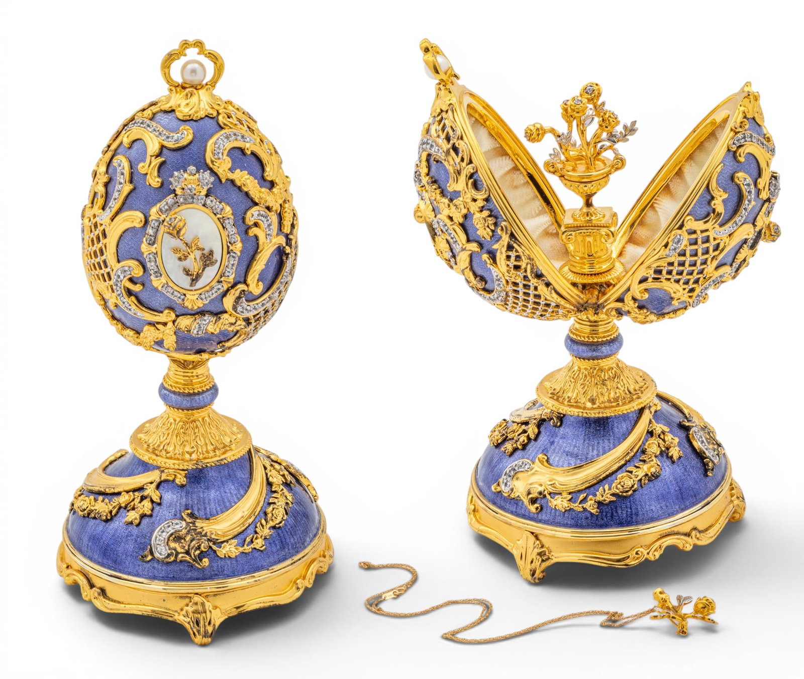 House of Igor Carl Fabergé, (Russian) Gold Plated Sterling Silver, Enamel and Gemstone: House of Igor Carl Fabergé, (Russian) Gold Plated Sterling Silver, Enamel and Gemstone 'Sleeping Beauty Waltz' Musical Imperial Egg, with Accompanying 14kt Gold Brooch, H 7.25" Dia. 3.5" Igor Car