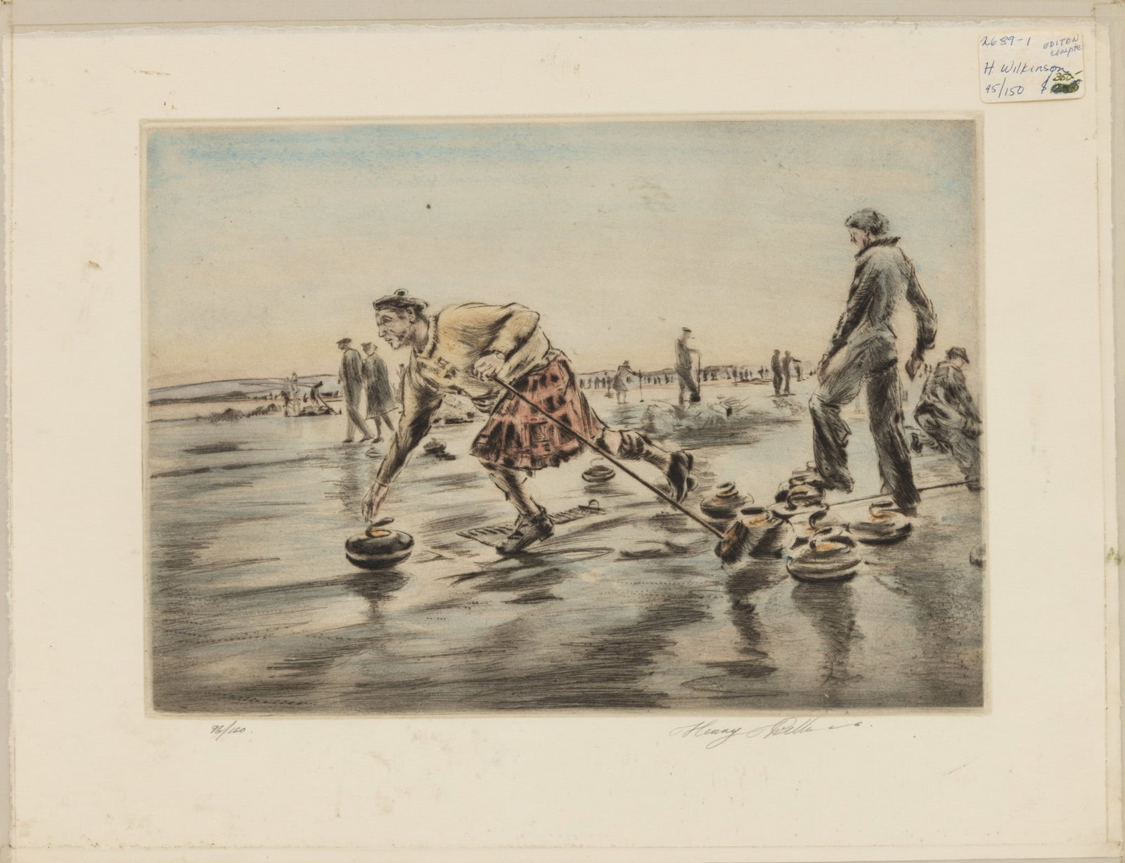 Henry Wilkinson (British, 1921-2011) Hand Colored Drypoint Etching on Paper 'Curling', H 12" W 16.2": Henry Wilkinson (British, 1921-2011) Hand Colored Drypoint Etching on Paper 'Curling', H 12" W 16.2" Signed in pencil lower right, numbered 95/150, with full margins (deckle edges), unframed. Provenan