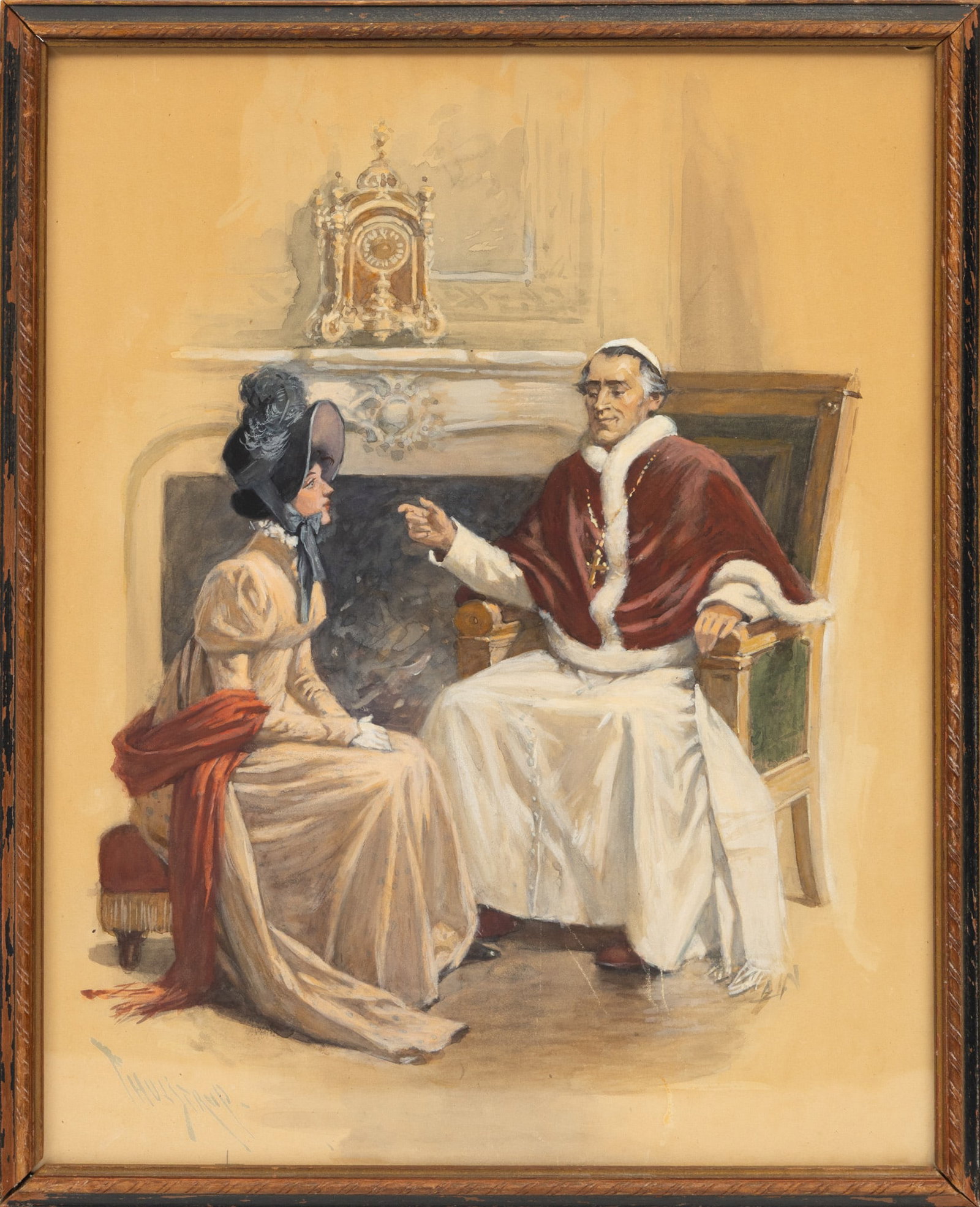 Thure De Thulstrup (Bror Thure Thulstrup) (Swedish/American, 1848-1930) Watercolor and Goache on: Thure De Thulstrup (Bror Thure Thulstrup) (Swedish/American, 1848-1930) Watercolor and Goache on Illustration Board 1880-1920, 'Cardinal's Blessing', H 18" W 14" Depicting a young woman seeking the bl