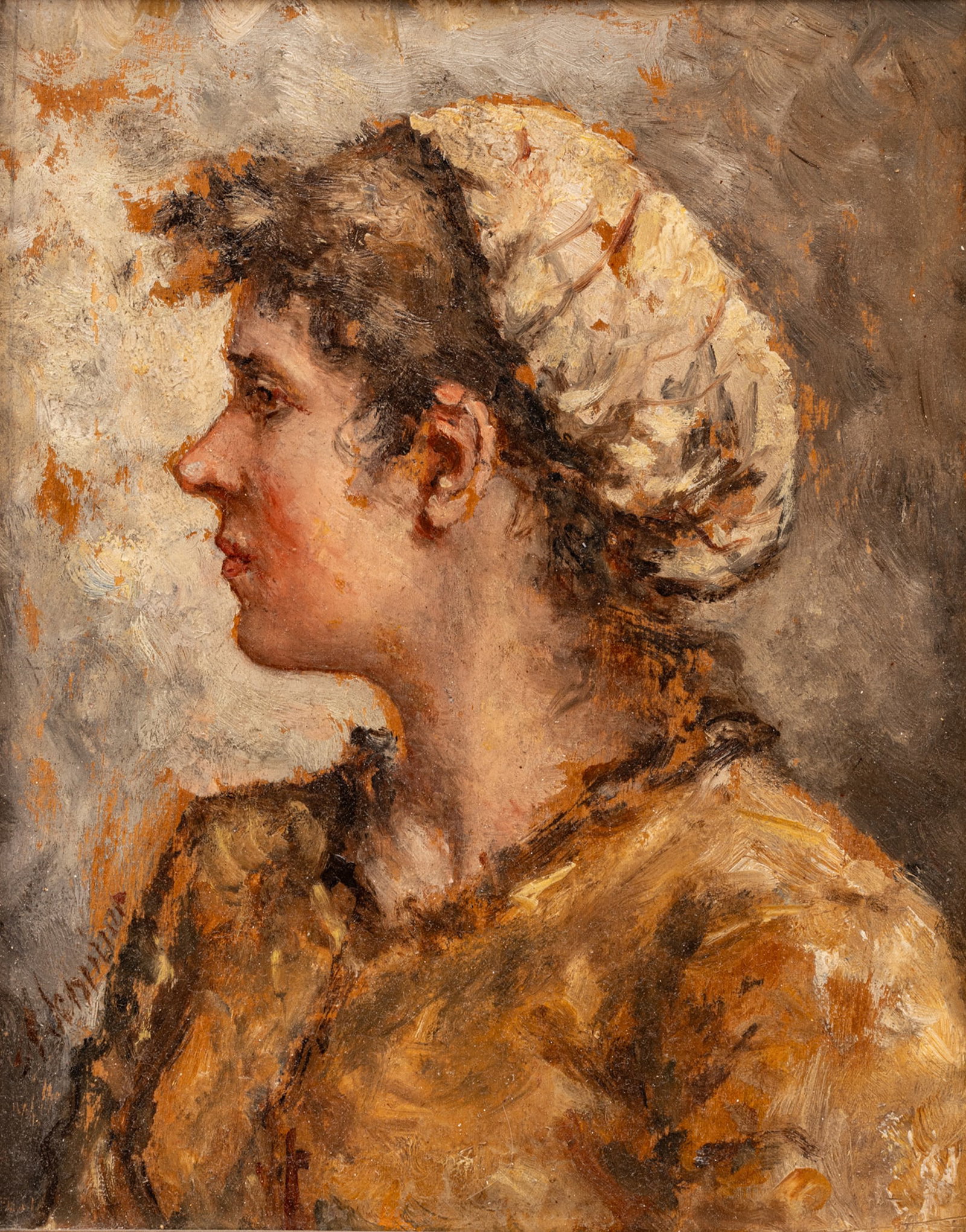 European Oil on Beveled Panel, Ca. Late 19th C., 'Profile of a Woman', H 8" W 10" (1 of 6)