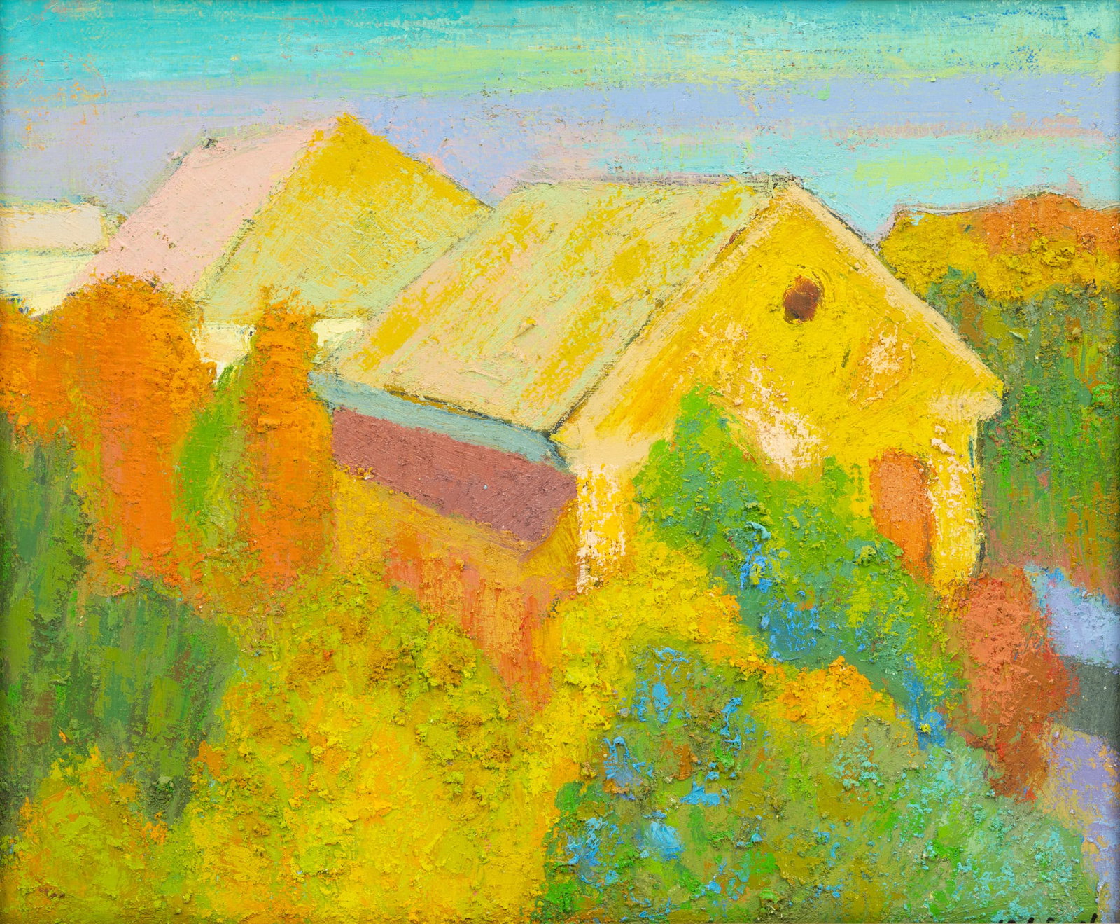 Russian Oil on Canvas, Ca. 1969, 'House Surrounded by Trees', H 20" W 23.5": Russian Oil on Canvas, Ca. 1969, 'House Surrounded by Trees', H 20" W 23.5" Signed lower right and on verso. Framed. Depicting brightly colored houses nestled by foliage. Provenance: Property fr