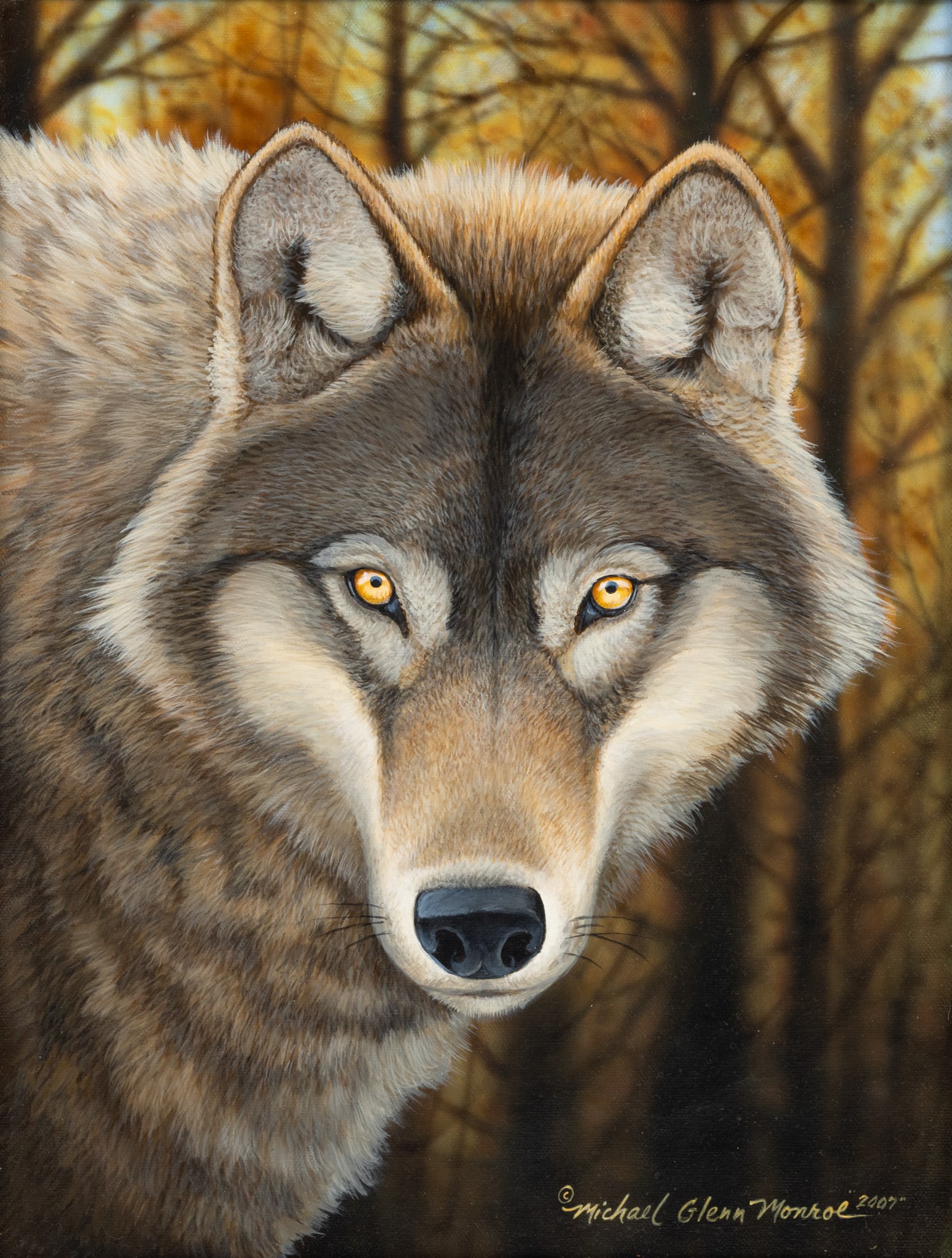 Michael Glenn Monroe (American, 20th C.) Oil on Canvas, Wolf Portrait, 2007, H 16" W 12" (1 of 5)