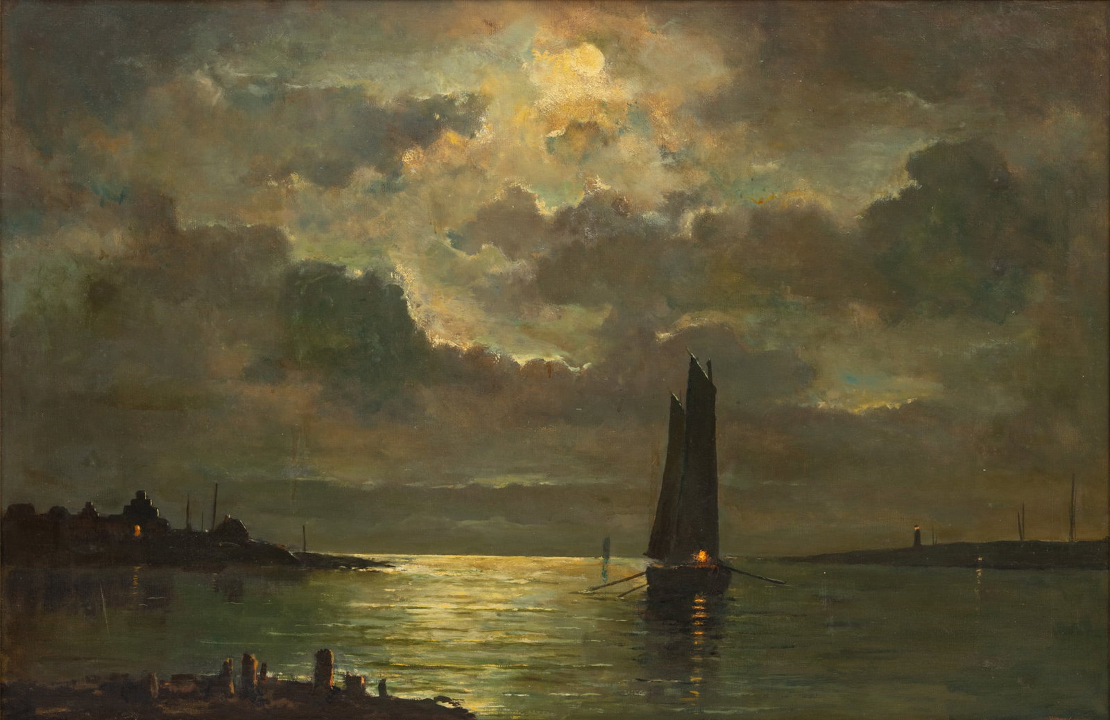 Dutch Oil on Canvas, Ca. Mid 20th C., 'Fishing Vessel in Moonlight', H 26" W 40" (1 of 6)