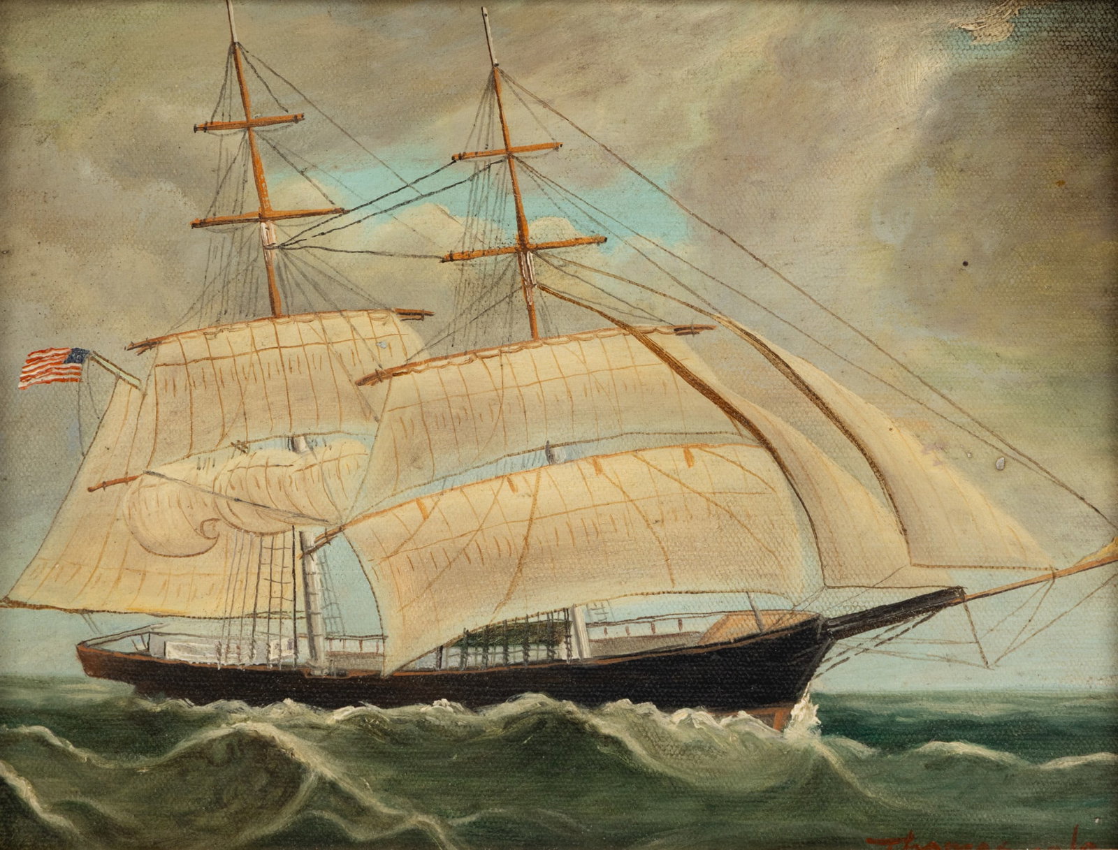 American Oil on Canvas, 20th C., 'Clipper Ship at Sea', H 8" W 10" (1 of 4)