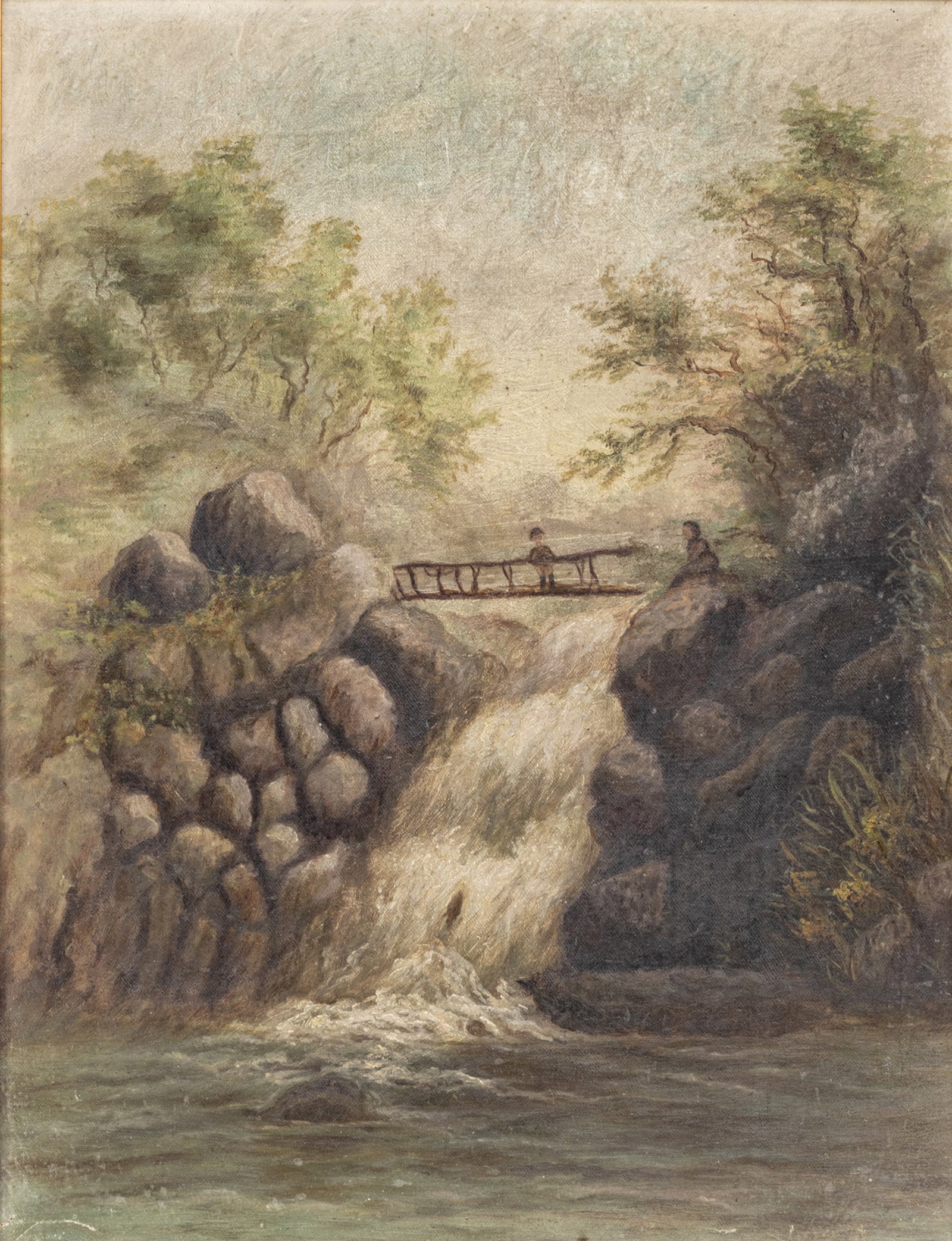 American Oil on Canvas, Late 19th C., 'Mother and Son at a Waterfall', H 17.5" W 13.5" (1 of 7)