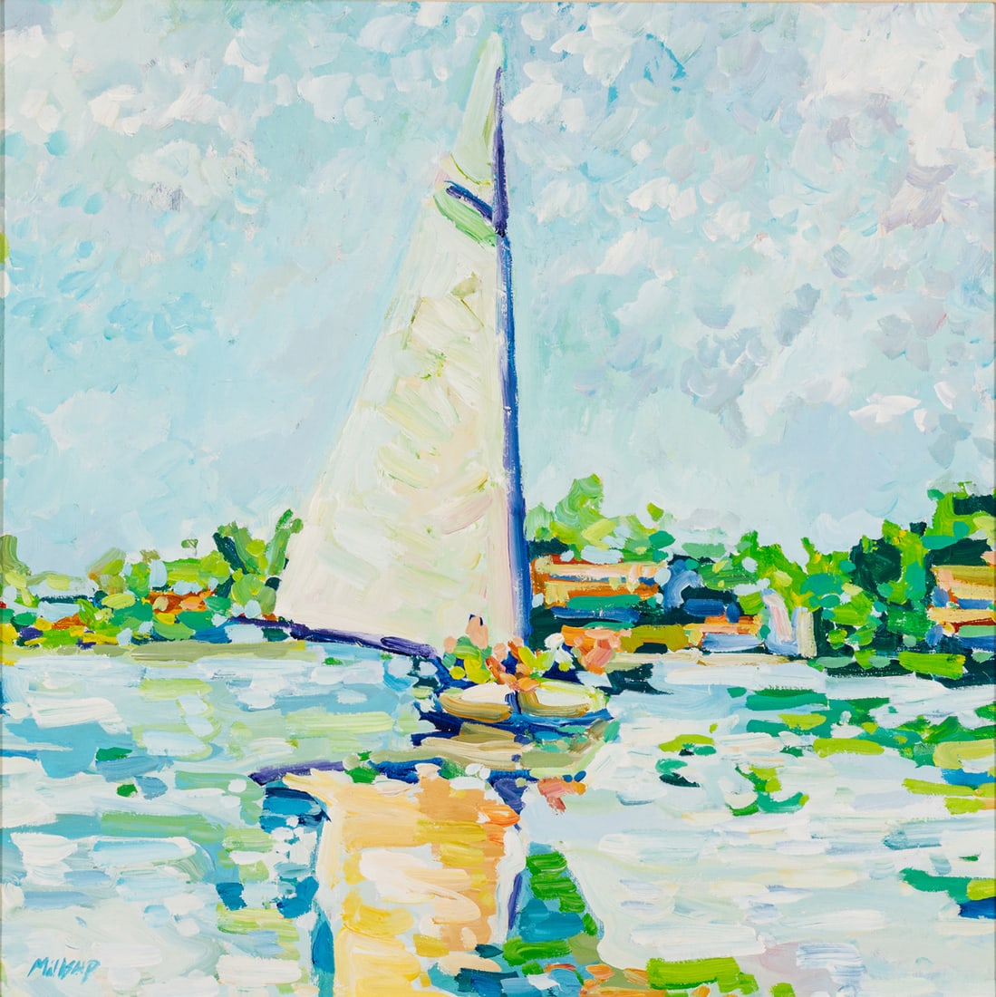Thom Millsap (American, 20th C.) Acrylic on Canvas, Ca. 1980-90, 'Sailboat Near Shore', H 30" W 30" (1 of 6)