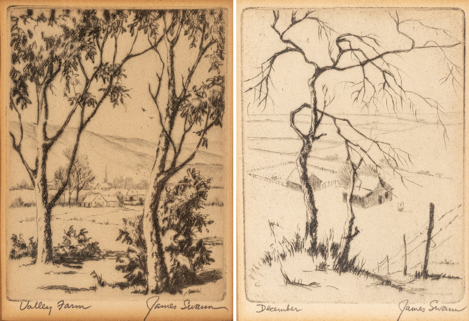 James Swann (Amerian) Etchings on Paper, 'Valley Farm, December', H 3.875" W 2.875" 2 PCS (1 of 8)