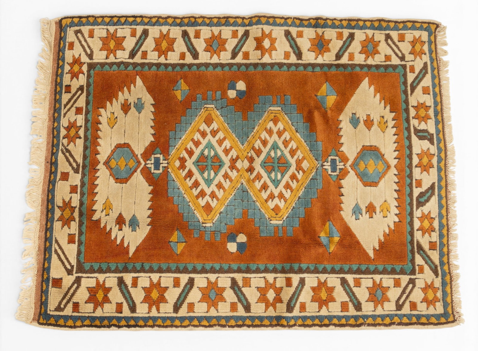Caucasian Hand Woven Wool Geometric Carpet 1970, W 3.7' L 4.5' (1 of 4)