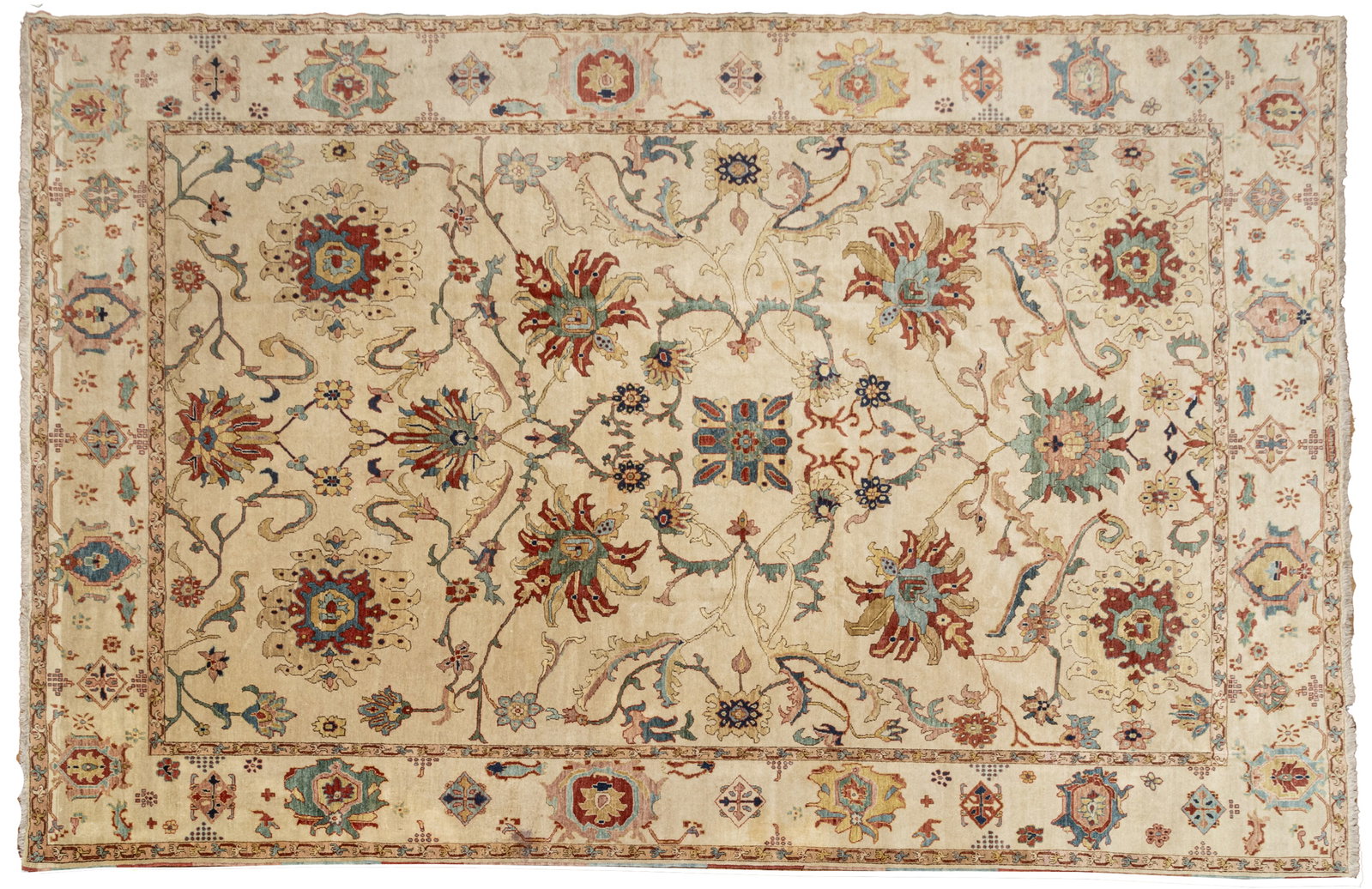 Sultanabad Hand Knotted Oriental Area Rug 20th C., W 13' 6" L 10' 6": Sultanabad Hand Knotted Oriental Area Rug 20th C., W 13' 6" L 10' 6" With ivory field worked all over with large stylized flowers and meandering foliage, within one main palmette border and two small 