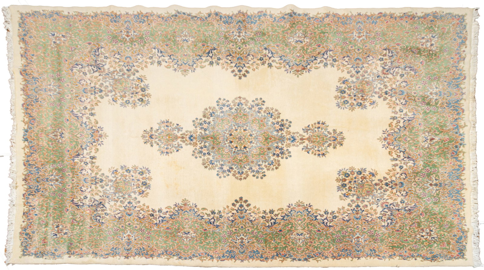 Persian Kerman Handwoven Wool Rug W 10' L 14': Persian Kerman Handwoven Wool Rug W 10' L 14' Ivory ground, central floral medallion, green, blue, and pink, wide floral border Provenance: Property from a Private Collector, Grosse Pointe Shores, MI 