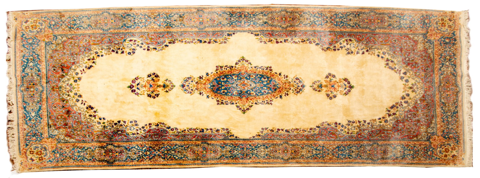 Persian Kerman Handwoven Wool Runner, Ca. 1950, W 5' 11" L 16': Persian Kerman Handwoven Wool Runner, Ca. 1950, W 5' 11" L 16' Ivory central field bracketed in salmon. Floral central medallion and outer border in blue, beige, green and red. Provenance: Prope
