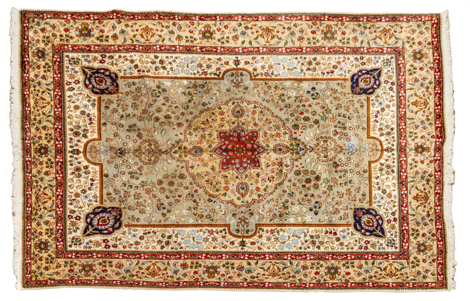 Persian Kashan Design Hand Woven Wool Oriental Rug, Ca. 1970-1980, W 10' 11" L 7' 9": Persian Kashan Design Hand Woven Wool Oriental Rug, Ca. 1970-1980, W 10' 11" L 7' 9" Light green/gray central ground with bold flower and vine closed field. Light oatmeal ground central medallion with