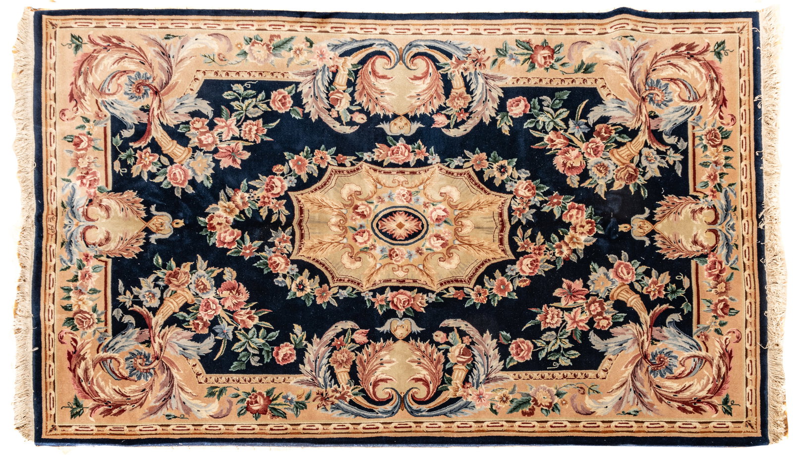 Sino-Persian Aubusson Design Handwoven Wool Rug, Ca. 1980, W 5' 9" L 8' 10" (1 of 4)