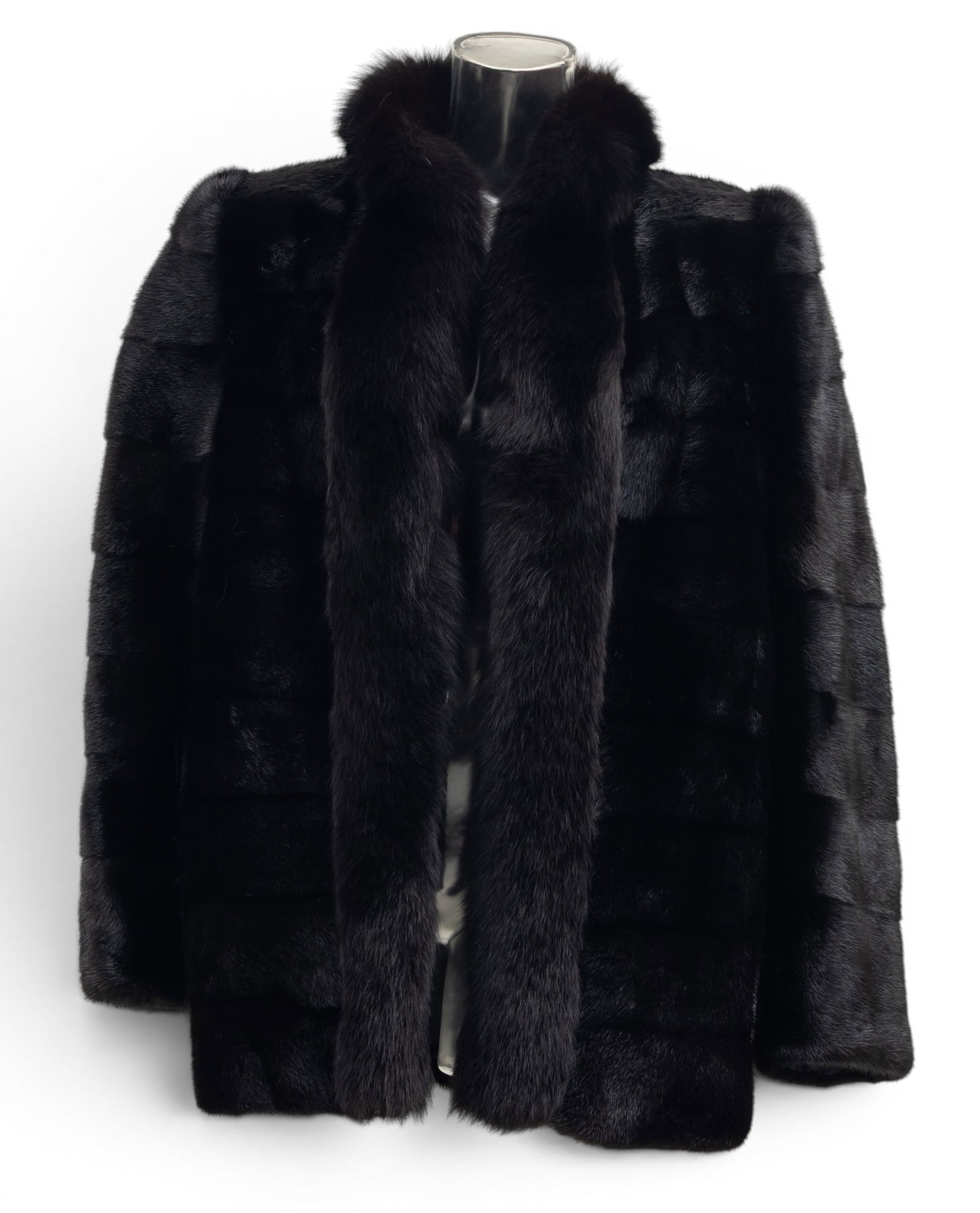 Dittrich Furs Black Diamond Mink Jacket with a Black Fox Collar L 27": Dittrich Furs Black Diamond Mink Jacket with a Black Fox Collar L 27" Two exterior pockets. Length from below collar; 27", sleeve to shoulder; 25", shoulder to shoulder; 19", armpit to armpit; 1