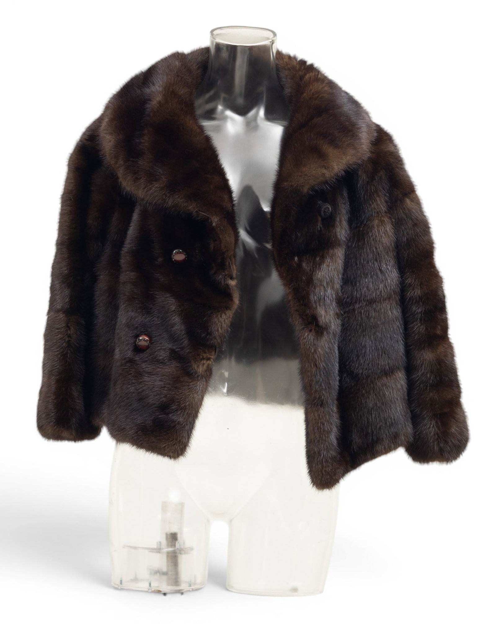 Hudson's Black Diamond Mink Short Jacket, Collar: Hudson's Black Diamond Mink Short Jacket, Collar Double breasted with four buttons. Length from below collar; 14.75", sleeve to shoulder; 18", shoulder to shoulder; 19", armpit to armpit; 18".